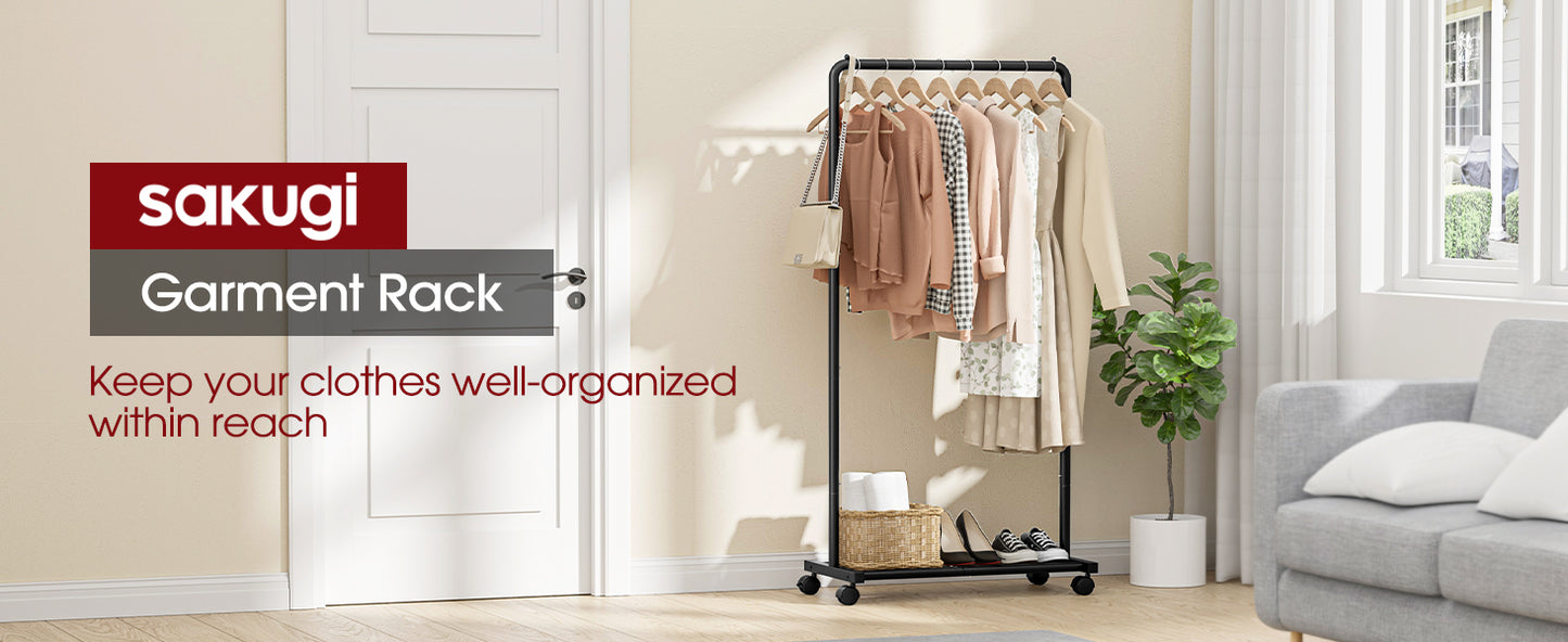 Sakugi Clothes Rack - Clothing Rack with Storage Mesh Shelf & Casters, Heavy-Duty Metal Clothing Rack for Hanging Clothes, Dresses, Coats, Large Load Capacity, Easy Assembly, Black, 28.0"x14.0"x59.0"