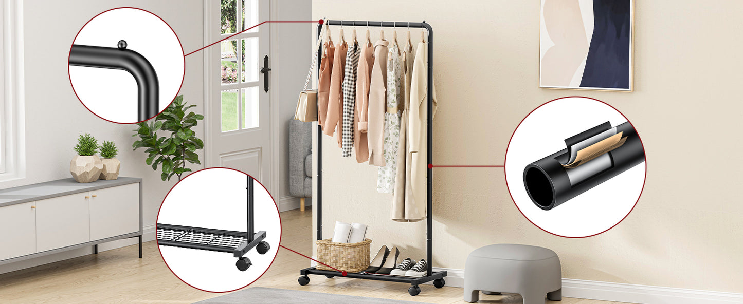 Sakugi Clothes Rack - Clothing Rack with Storage Mesh Shelf & Casters, Heavy-Duty Metal Clothing Rack for Hanging Clothes, Dresses, Coats, Large Load Capacity, Easy Assembly, Black, 28.0"x14.0"x59.0"