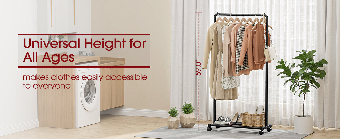 Sakugi Clothes Rack - Clothing Rack with Storage Mesh Shelf & Casters, Heavy-Duty Metal Clothing Rack for Hanging Clothes, Dresses, Coats, Large Load Capacity, Easy Assembly, Black, 28.0"x14.0"x59.0"