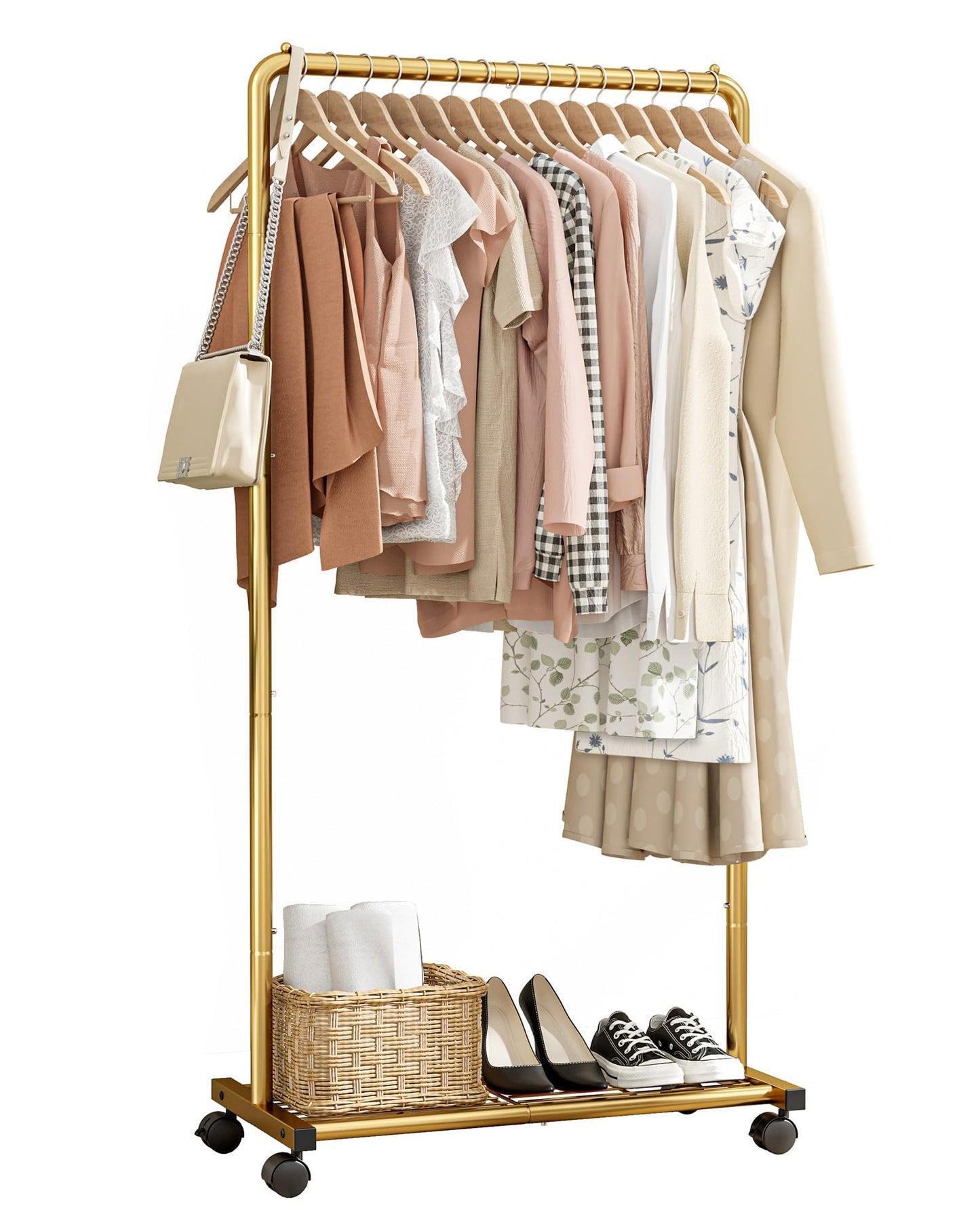 Sakugi Clothes Rack - Clothing Rack with Storage Mesh Shelf & Casters, Heavy-Duty Metal Clothing Rack for Hanging Clothes, Dresses, Coats, Large Load Capacity, Easy Assembly, Black, 28.0"x14.0"x59.0"