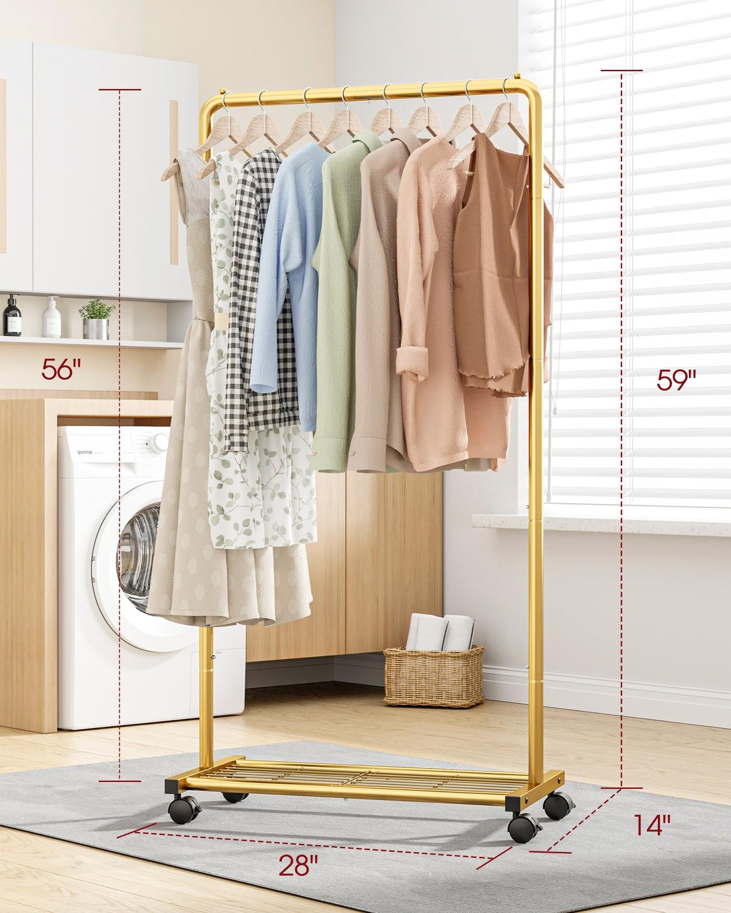 Sakugi Clothes Rack - Clothing Rack with Storage Mesh Shelf & Casters, Heavy-Duty Metal Clothing Rack for Hanging Clothes, Dresses, Coats, Large Load Capacity, Easy Assembly, Black, 28.0"x14.0"x59.0"
