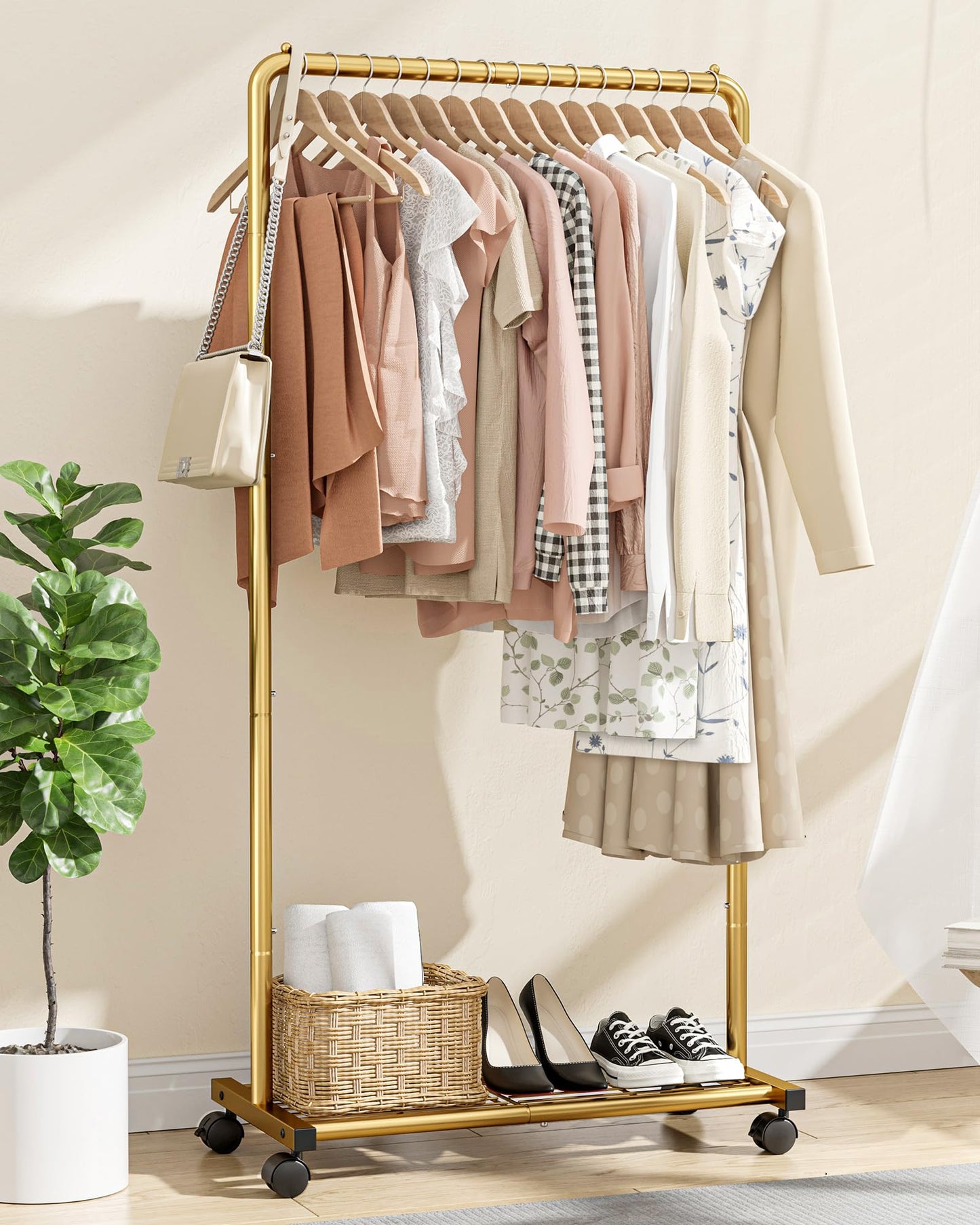 Sakugi Clothes Rack - Clothing Rack with Storage Mesh Shelf & Casters, Heavy-Duty Metal Clothing Rack for Hanging Clothes, Dresses, Coats, Large Load Capacity, Easy Assembly, Black, 28.0"x14.0"x59.0"