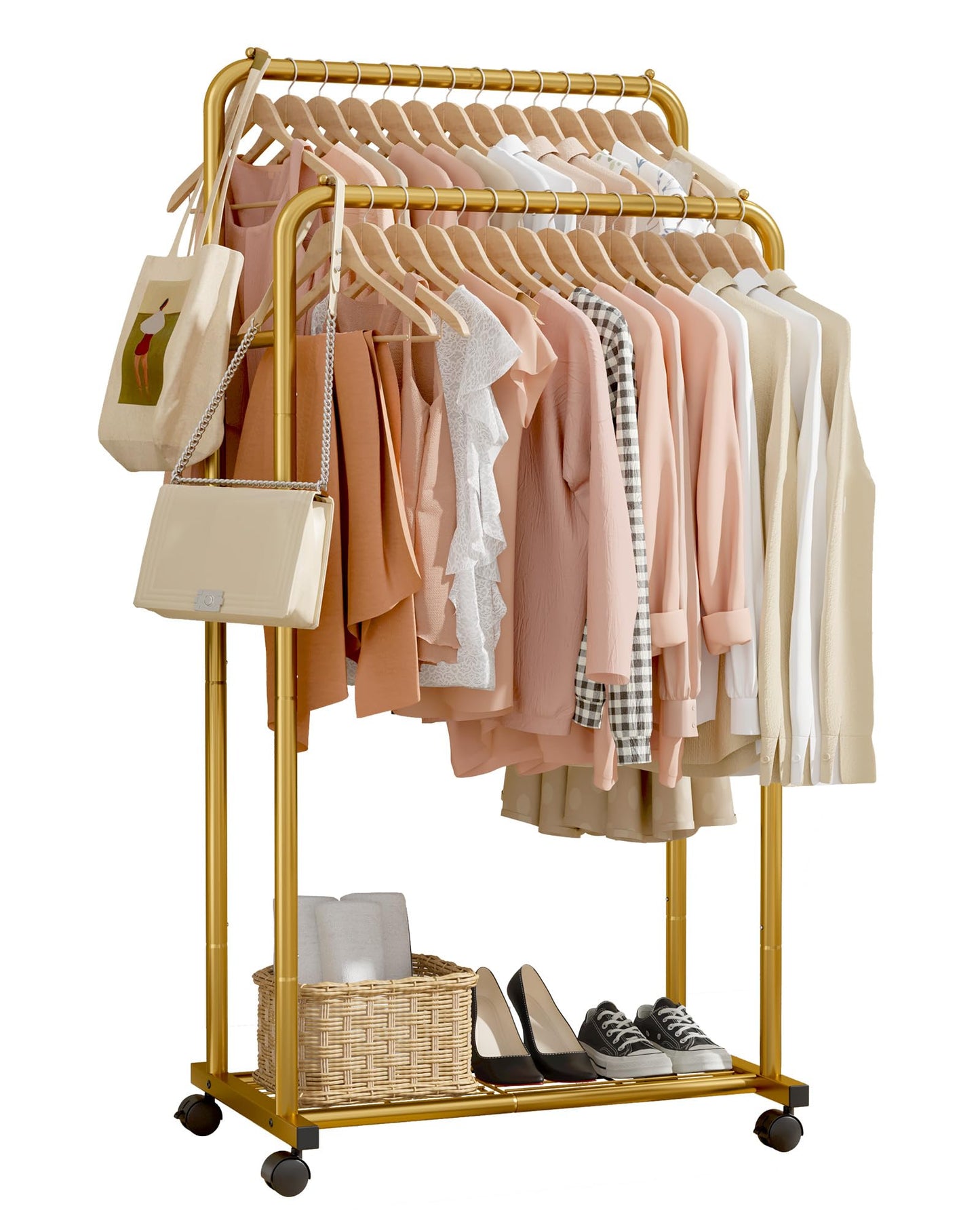 Sakugi Clothes Rack - Clothing Rack with Storage Mesh Shelf & Casters, Heavy-Duty Metal Clothing Rack for Hanging Clothes, Dresses, Coats, Large Load Capacity, Easy Assembly, Black, 28.0"x14.0"x59.0"