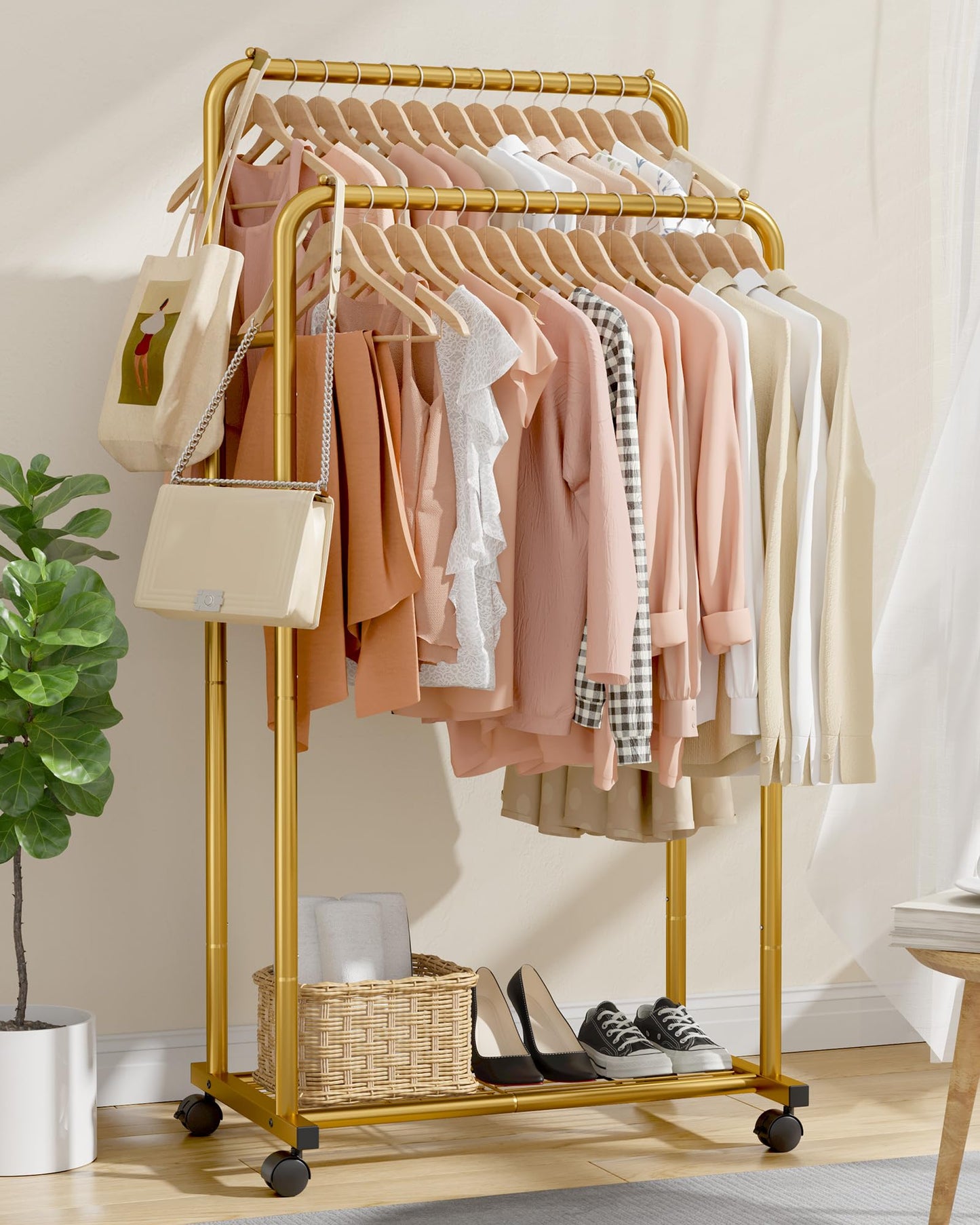 Sakugi Clothes Rack - Clothing Rack with Storage Mesh Shelf & Casters, Heavy-Duty Metal Clothing Rack for Hanging Clothes, Dresses, Coats, Large Load Capacity, Easy Assembly, Black, 28.0"x14.0"x59.0"