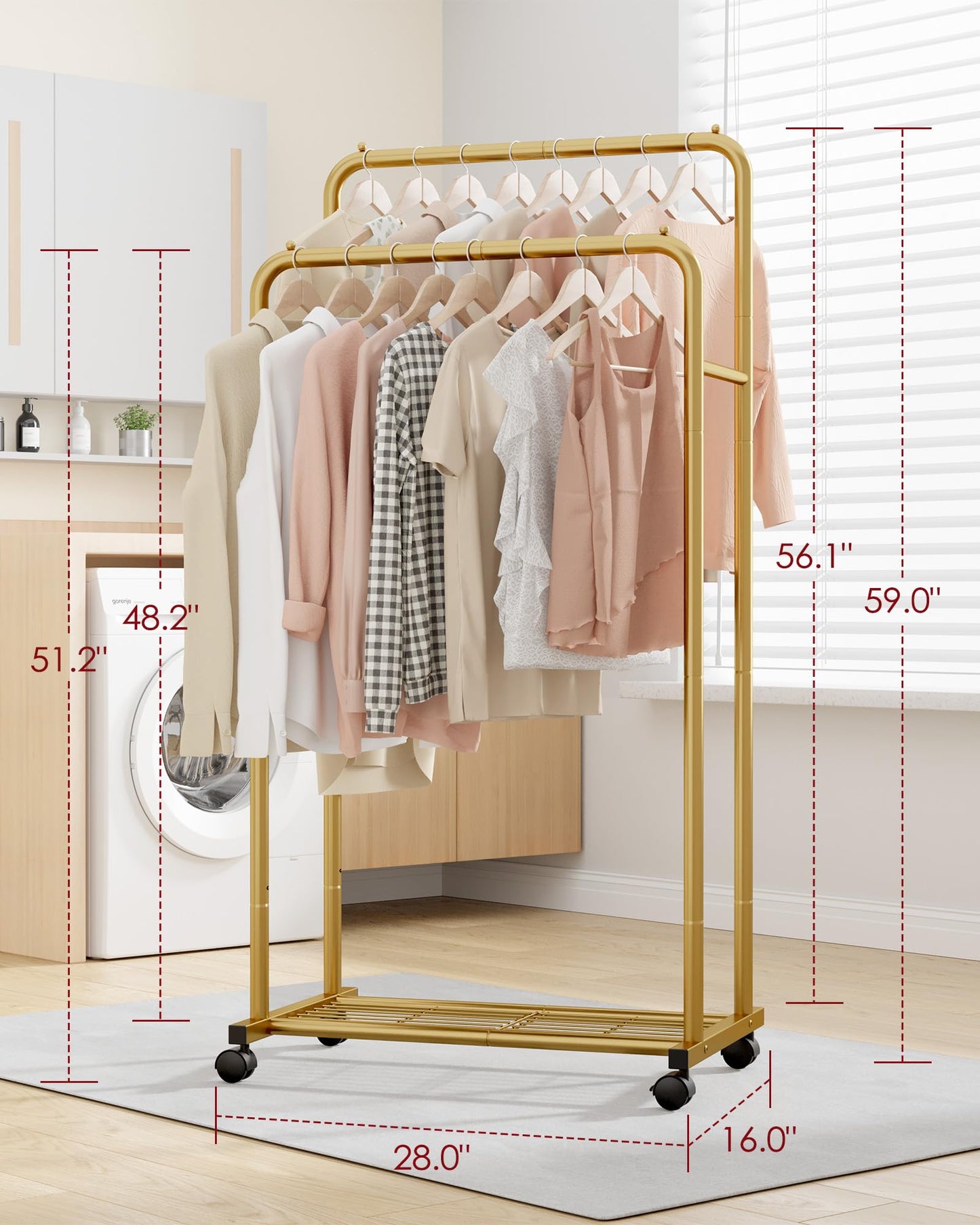 Sakugi Clothes Rack - Clothing Rack with Storage Mesh Shelf & Casters, Heavy-Duty Metal Clothing Rack for Hanging Clothes, Dresses, Coats, Large Load Capacity, Easy Assembly, Black, 28.0"x14.0"x59.0"