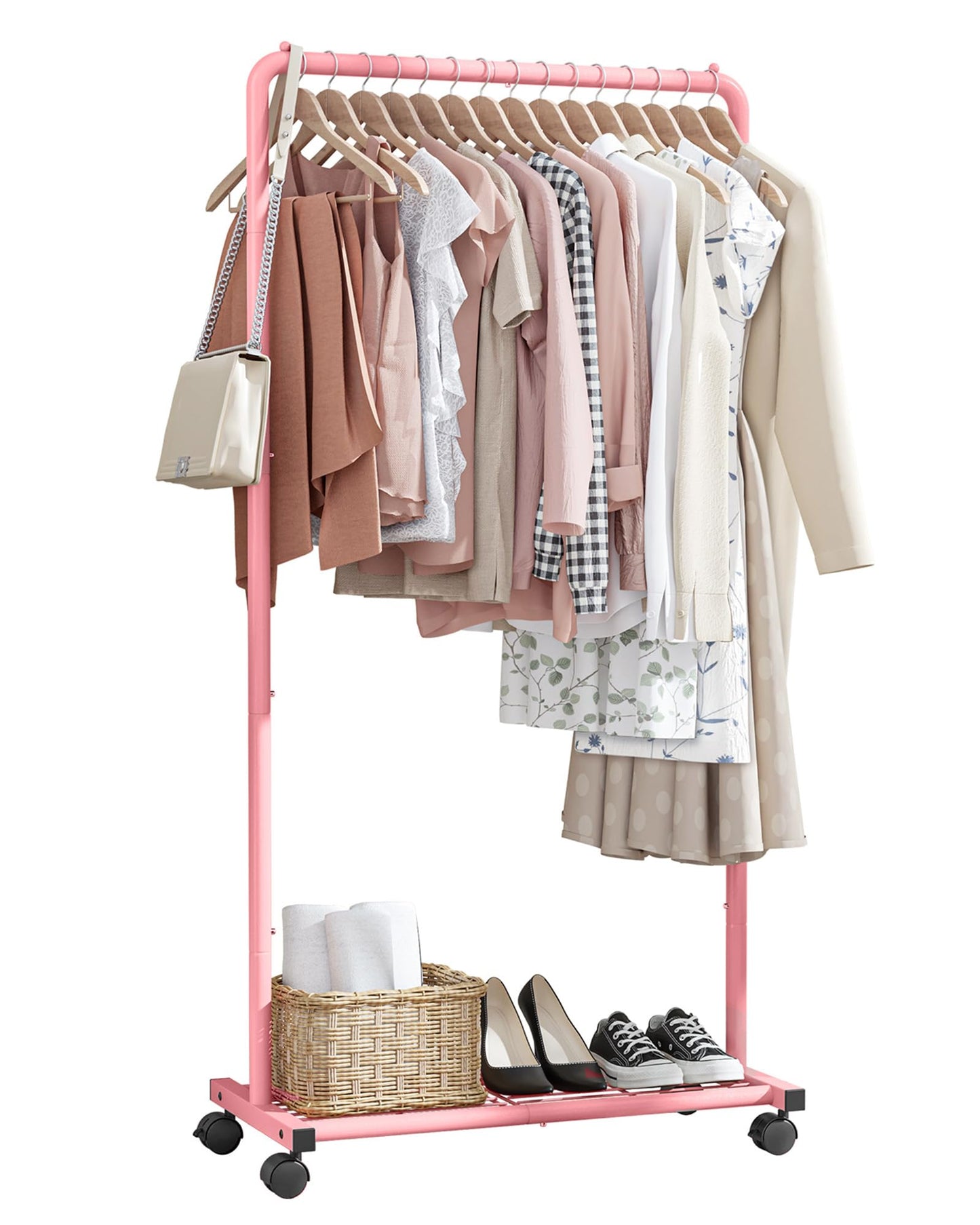 Sakugi Clothes Rack - Clothing Rack with Storage Mesh Shelf & Casters, Heavy-Duty Metal Clothing Rack for Hanging Clothes, Dresses, Coats, Large Load Capacity, Easy Assembly, Black, 28.0"x14.0"x59.0"