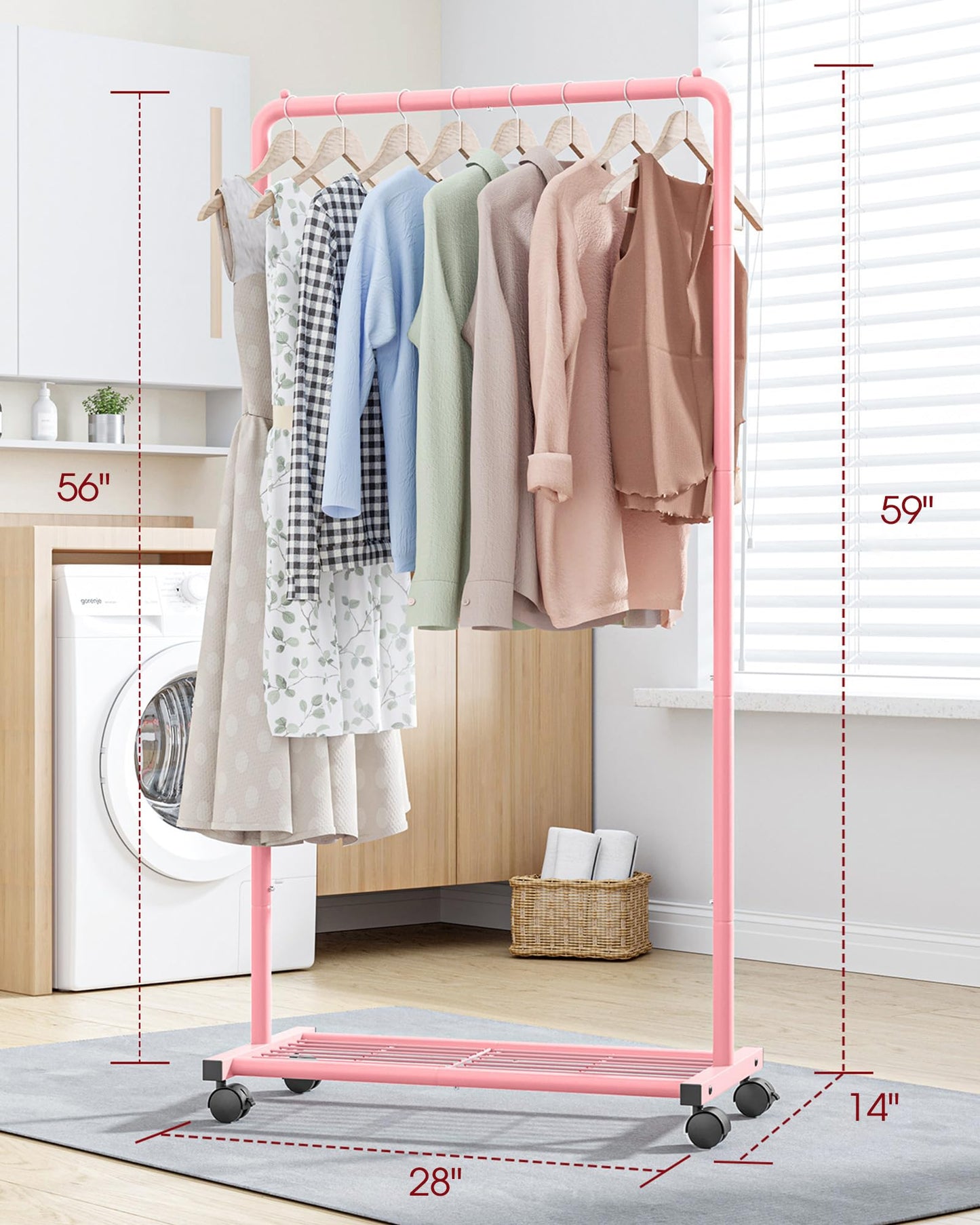 Sakugi Clothes Rack - Clothing Rack with Storage Mesh Shelf & Casters, Heavy-Duty Metal Clothing Rack for Hanging Clothes, Dresses, Coats, Large Load Capacity, Easy Assembly, Black, 28.0"x14.0"x59.0"