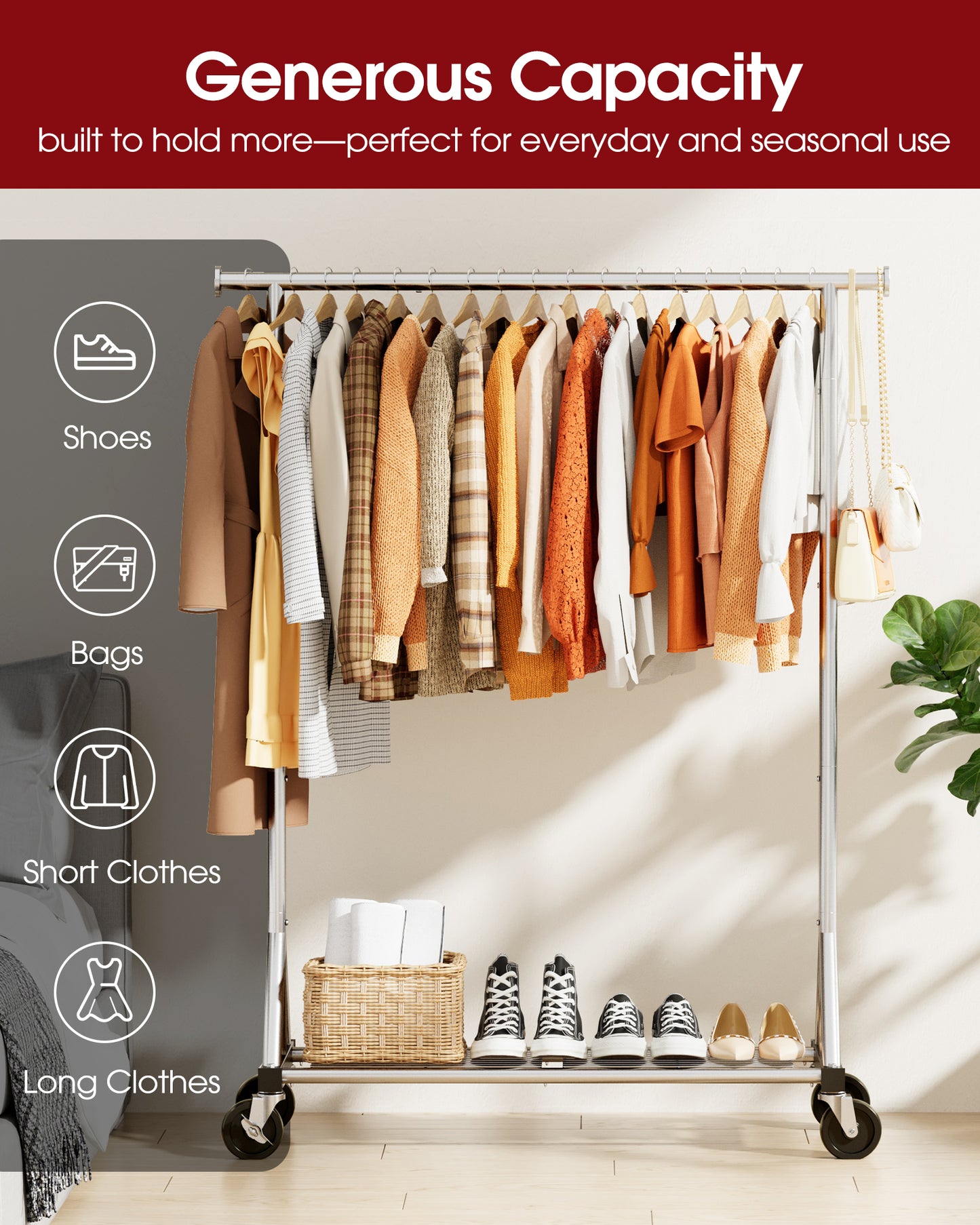 Sakugi Clothes Rack - Heavy-Duty Stainless-Steel Clothing Rack for Hanging Clothes with Mesh Shelf & Lockable Wheels, Versatile Garment Organizer with Anti-Slip Stoppers, for Bedroom, Laundry, Shop