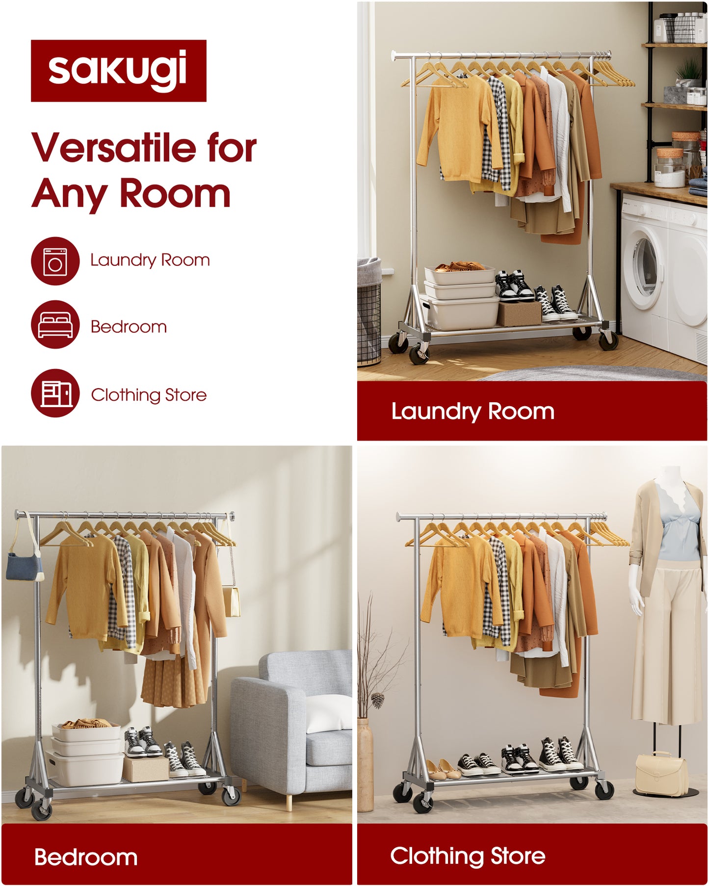 Sakugi Clothes Rack - Heavy-Duty Stainless-Steel Clothing Rack for Hanging Clothes with Mesh Shelf & Lockable Wheels, Versatile Garment Organizer with Anti-Slip Stoppers, for Bedroom, Laundry, Shop
