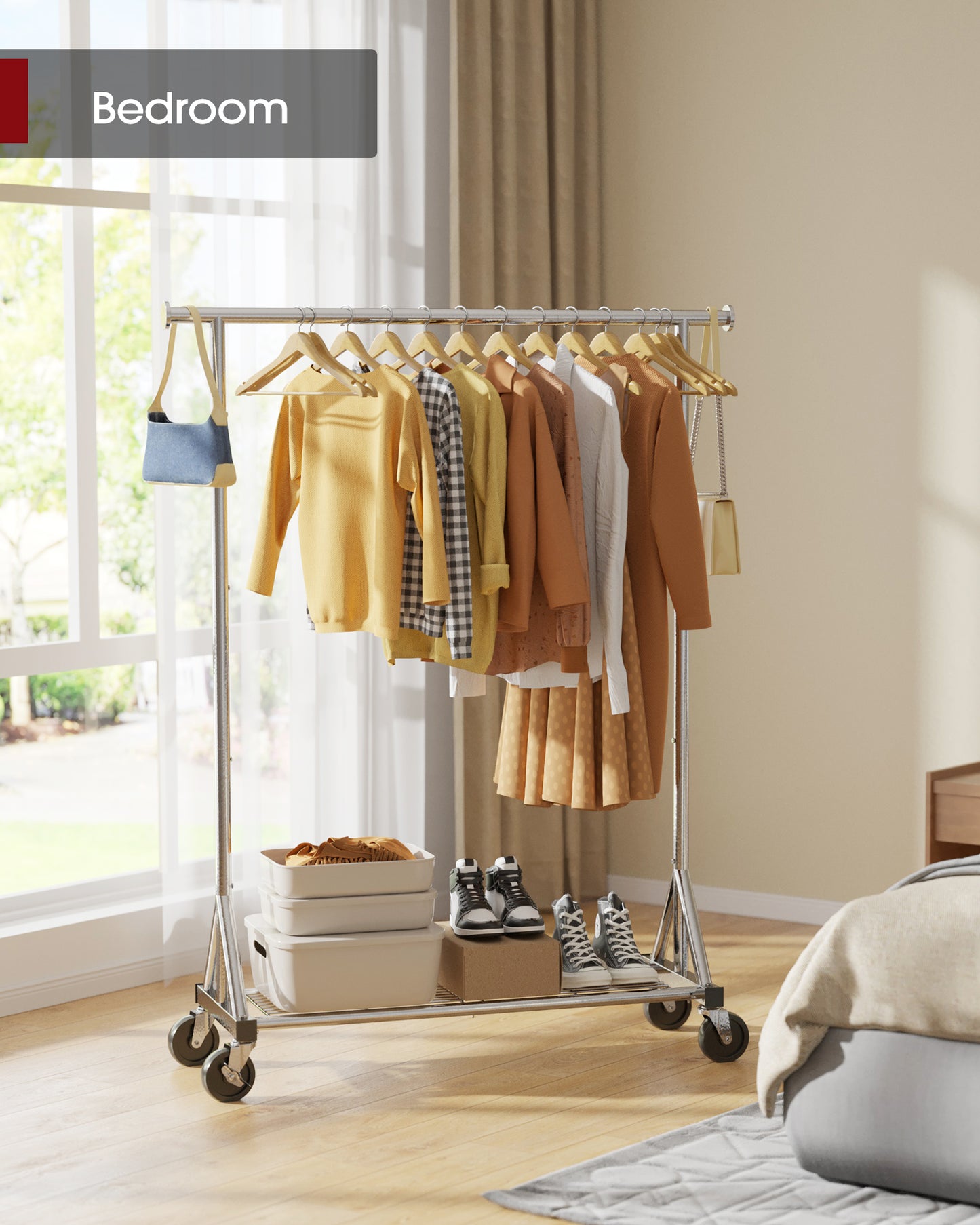 Sakugi Clothes Rack - Heavy-Duty Stainless-Steel Clothing Rack for Hanging Clothes with Mesh Shelf & Lockable Wheels, Versatile Garment Organizer with Anti-Slip Stoppers, for Bedroom, Laundry, Shop