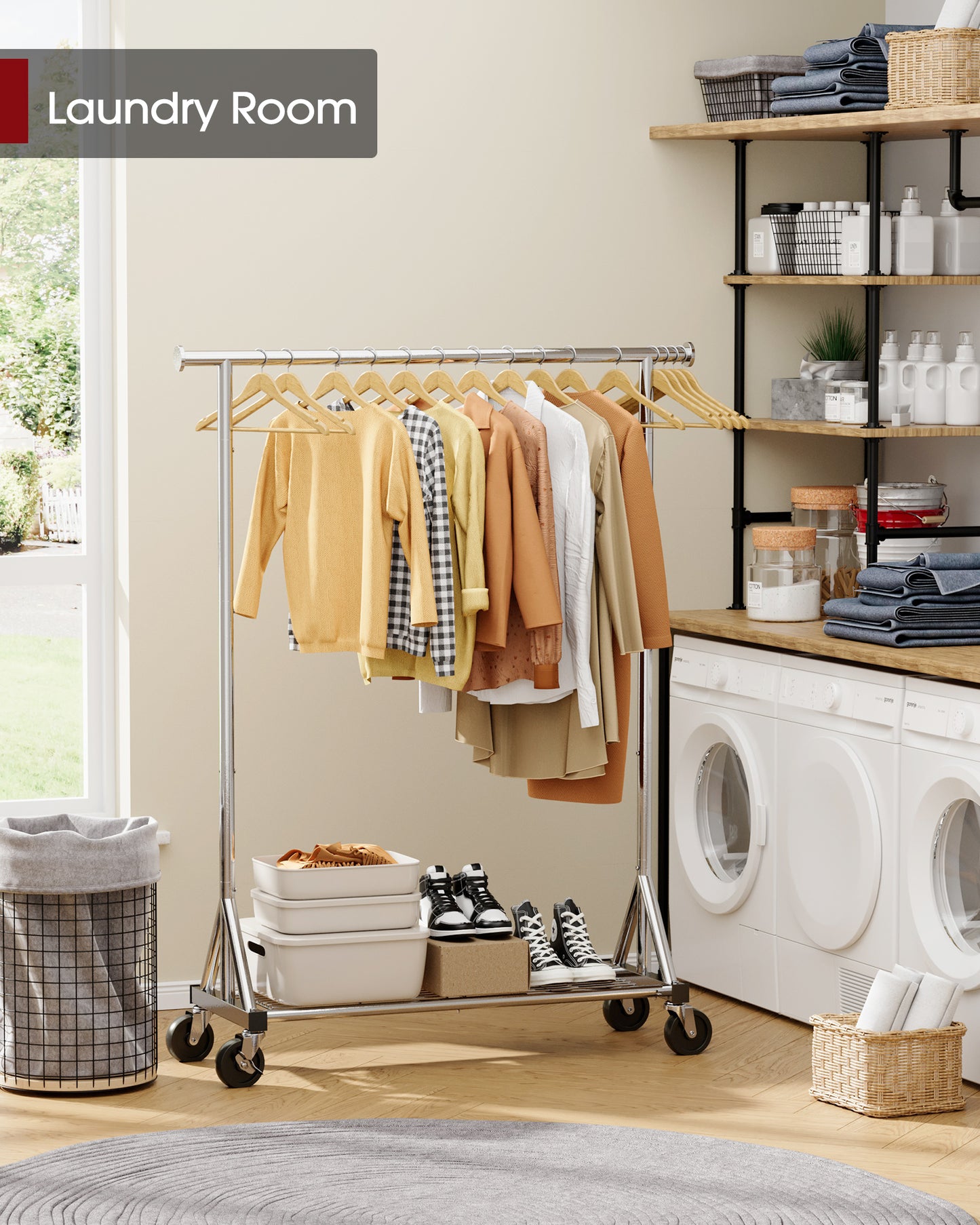 Sakugi Clothes Rack - Heavy-Duty Stainless-Steel Clothing Rack for Hanging Clothes with Mesh Shelf & Lockable Wheels, Versatile Garment Organizer with Anti-Slip Stoppers, for Bedroom, Laundry, Shop