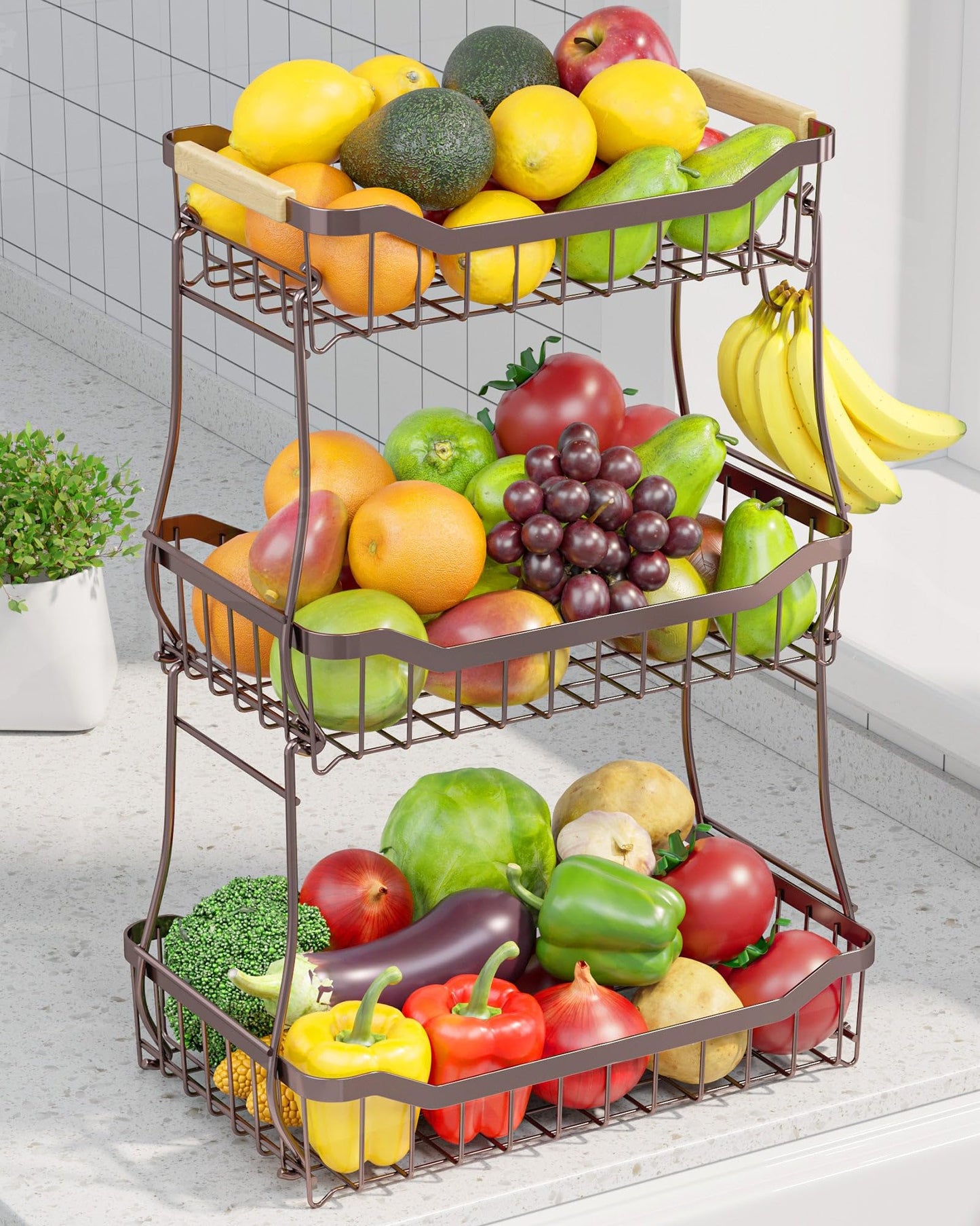 Sakugi Fruit Basket - 2 Tier Fruit Basket for Kitchen Counter, Detachable Fruit Vegetable Basket with Banana Hanger, Metal Countertop Fruit Stand with Wooden Handle