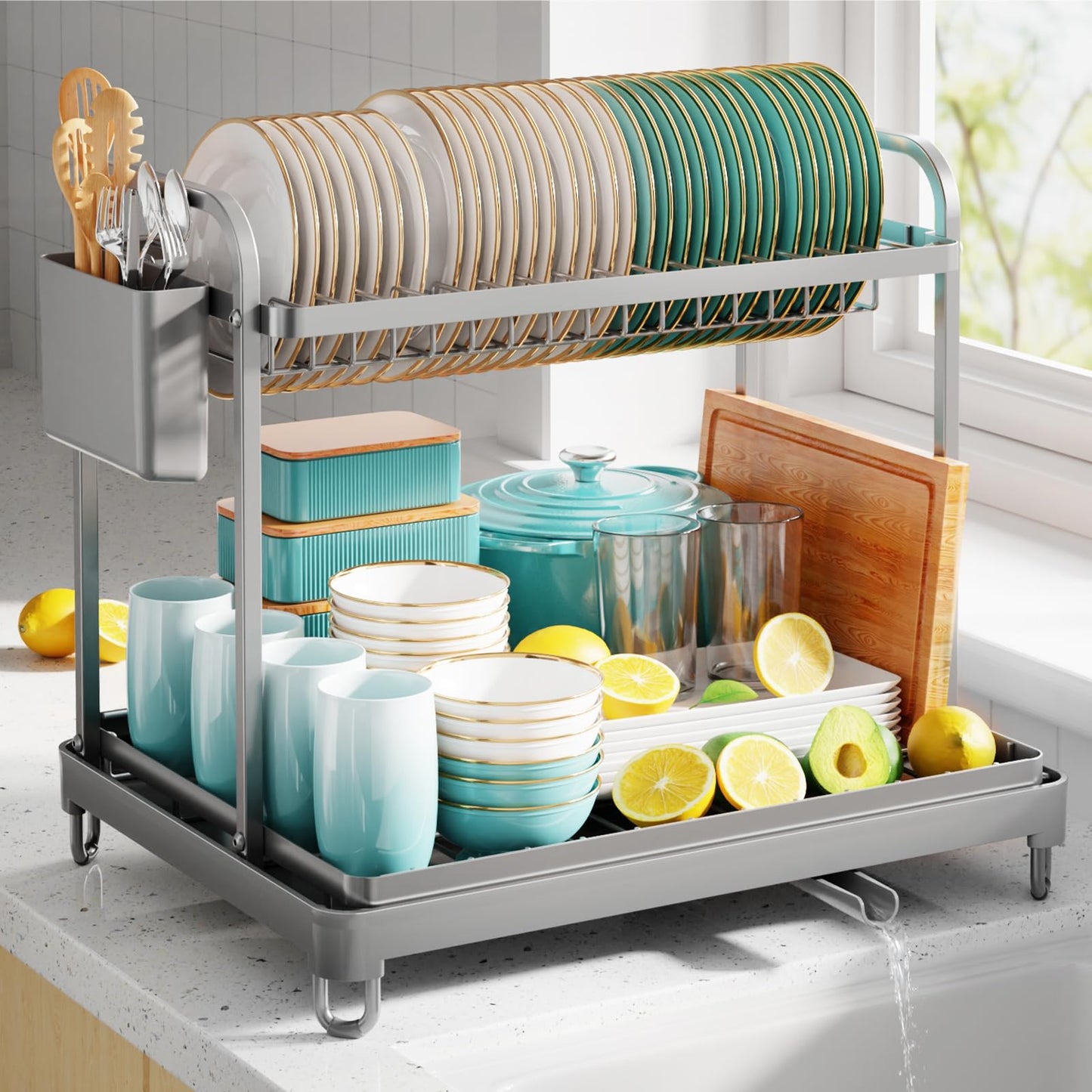 Sakugi Dish Drying Rack - Stainless Steel Dish Rack for Kitchen Counter, 2-Tier Kitchen Organizers and Storage Rack with Drainboard and Cutlery Holder, Large, Black