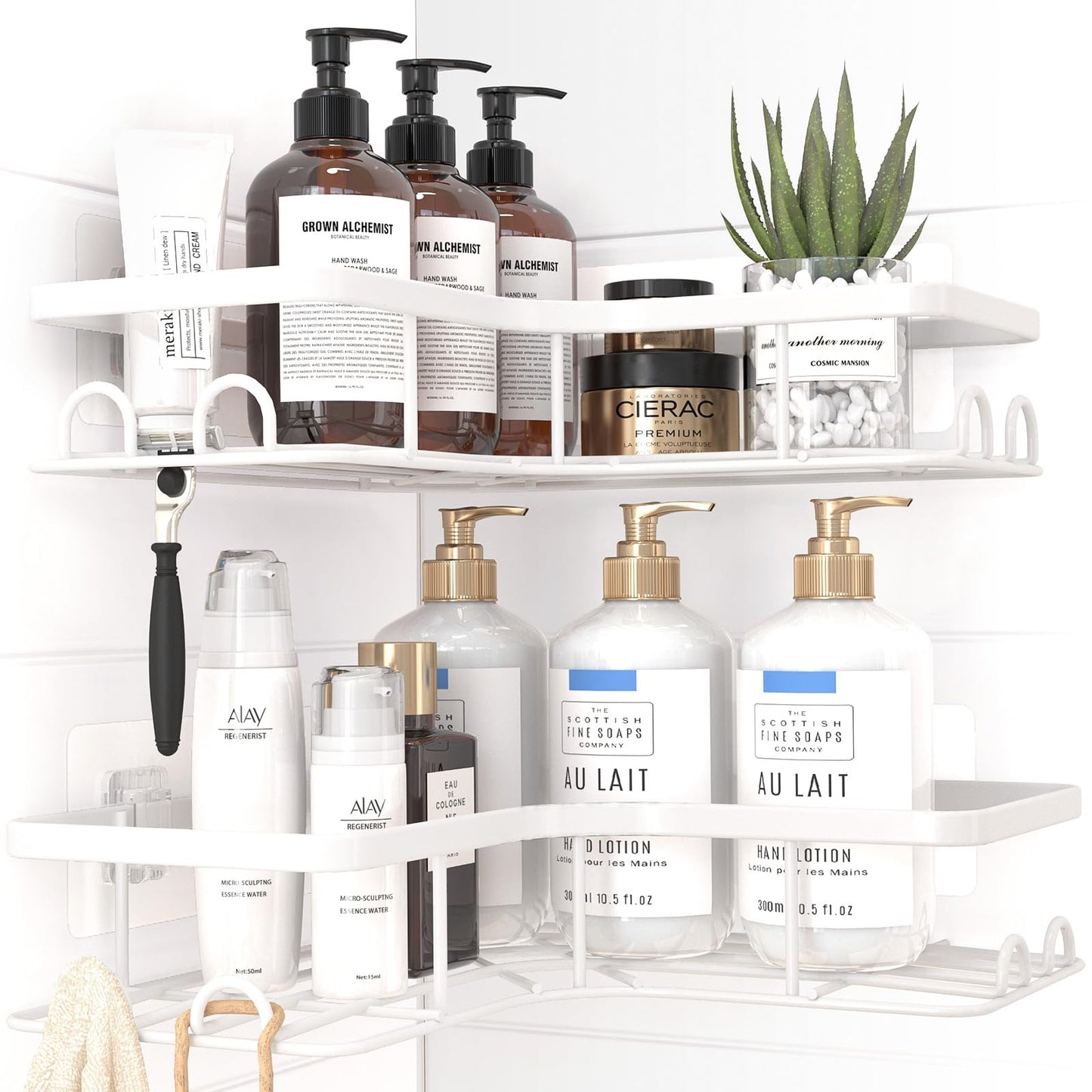 Sakugi Corner Shower Caddy - 2 Pack, Adhesive Shower Organizers, Rustproof Stainless Steel Shower Shelves with 8 Hooks, No Drilling Bathroom Organizers and Storage Racks, Space-Saving, Black,Medium