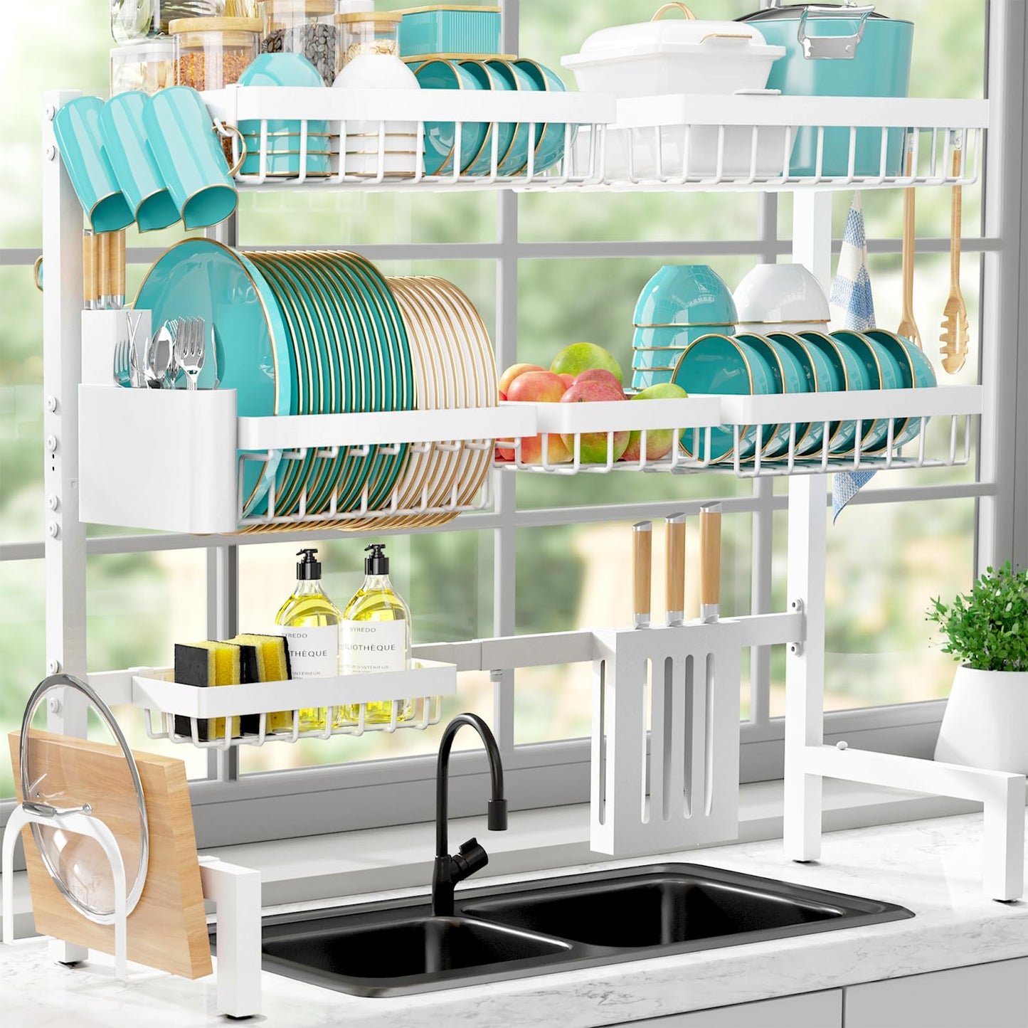 Sakugi Dish Drying Rack Over The Sink - Large Capacity Stainless Steel Dish Drainer, Multifunctional Kitchen Organizer, Black, 11" D x 30"~33.9''W x 21.5" H