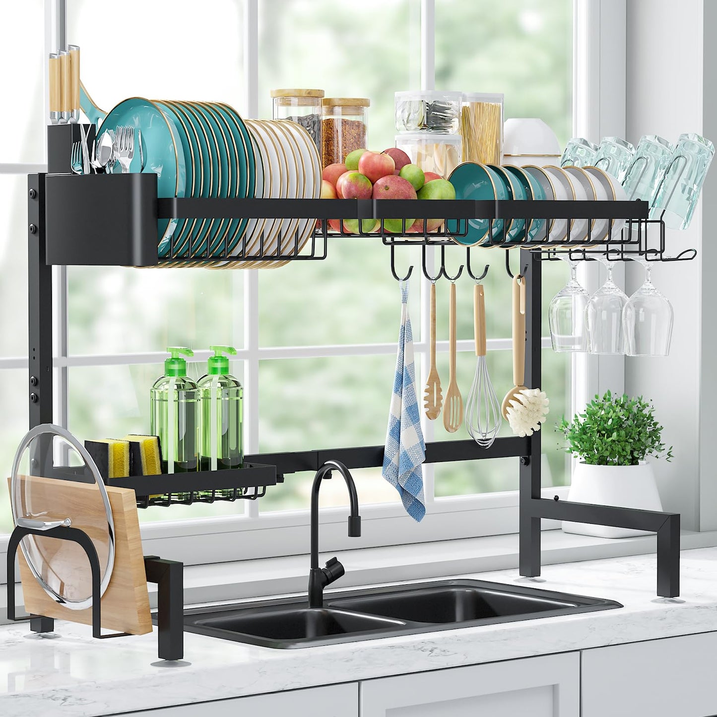 Sakugi Dish Drying Rack Over The Sink - Large Capacity Stainless Steel Dish Drainer, Multifunctional Kitchen Organizer, Black, 11" D x 30"~33.9''W x 21.5" H