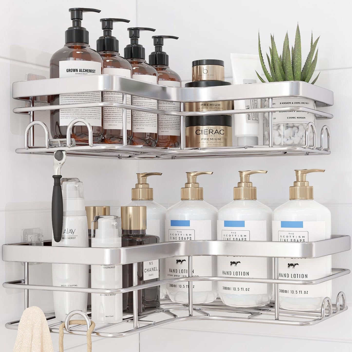 Sakugi Corner Shower Caddy - 2 Pack, Adhesive Shower Organizers, Rustproof Stainless Steel Shower Shelves with 8 Hooks, No Drilling Bathroom Organizers and Storage Racks, Space-Saving, Black,Medium