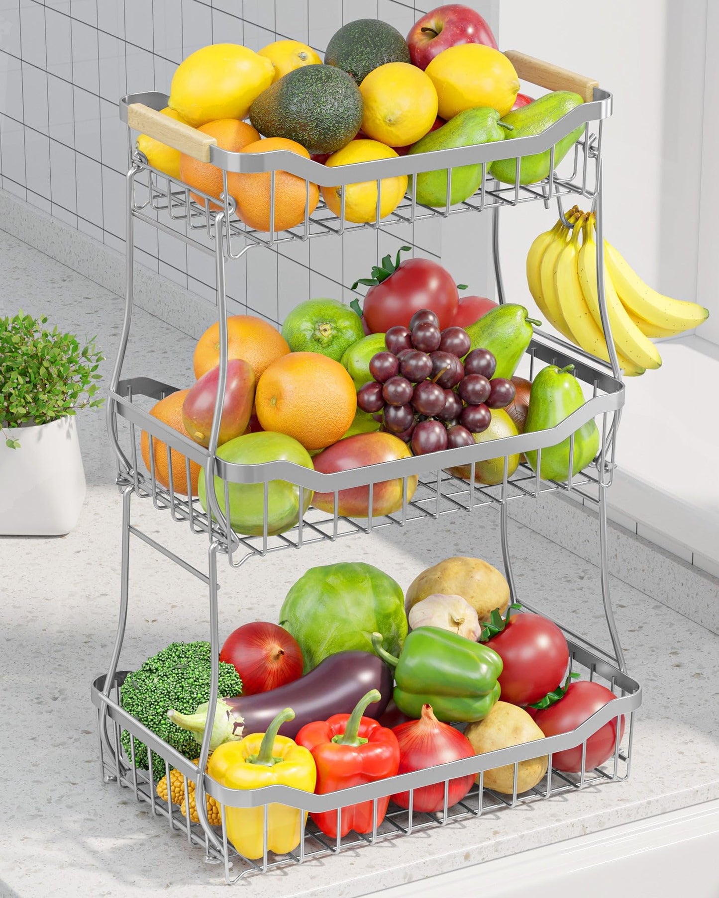 Sakugi Fruit Basket - 2 Tier Fruit Basket for Kitchen Counter, Detachable Fruit Vegetable Basket with Banana Hanger, Metal Countertop Fruit Stand with Wooden Handle