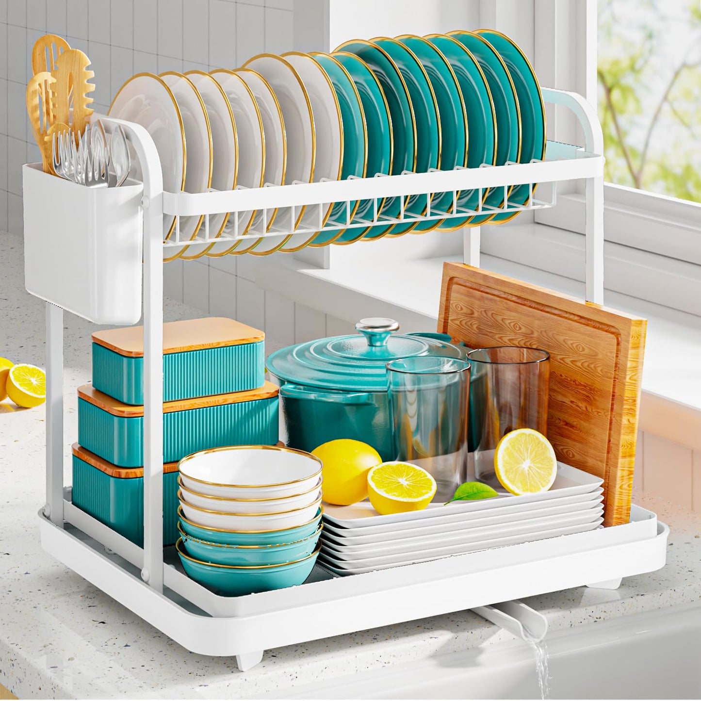 Sakugi Dish Drying Rack - Stainless Steel Dish Rack for Kitchen Counter, 2-Tier Kitchen Organizers and Storage Rack with Drainboard and Cutlery Holder, Large, Black
