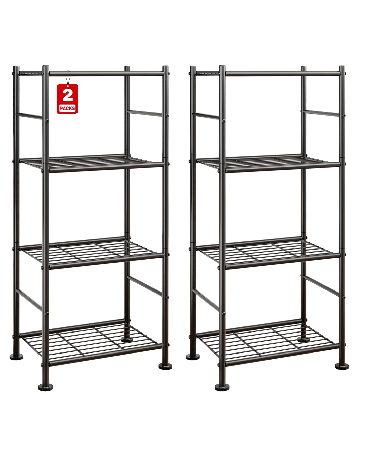 Sakugi 2-Pack Storage Shelves - 3-Tier Metal Wire Shelf Organizer, Slim Shelf Rack with Adjustable Feet for Laundry Room, Kitchen, Garage Organization, 18.2" x 12.3" x 30.4", Black