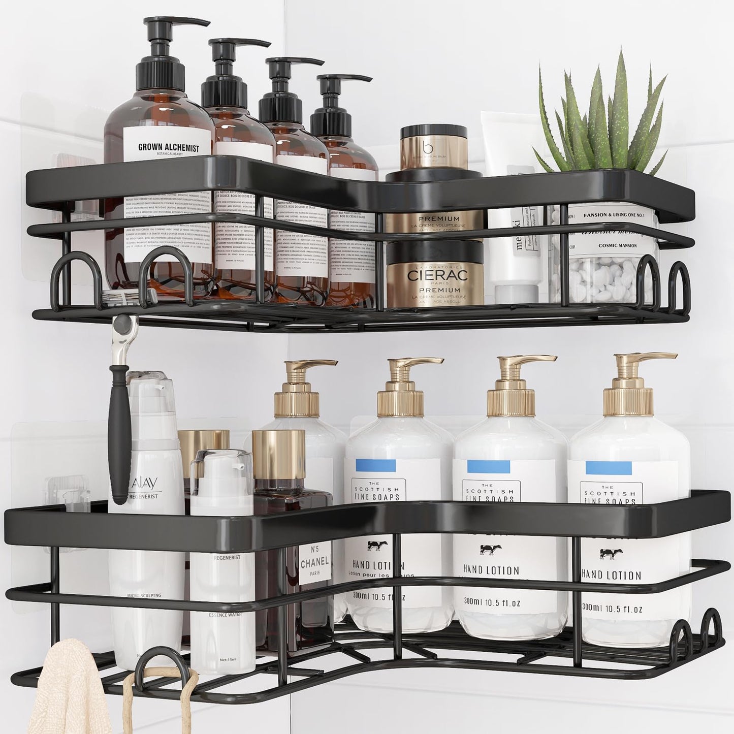Sakugi Corner Shower Caddy - 2 Pack, Adhesive Shower Organizers, Rustproof Stainless Steel Shower Shelves with 8 Hooks, No Drilling Bathroom Organizers and Storage Racks, Space-Saving, Black,Medium