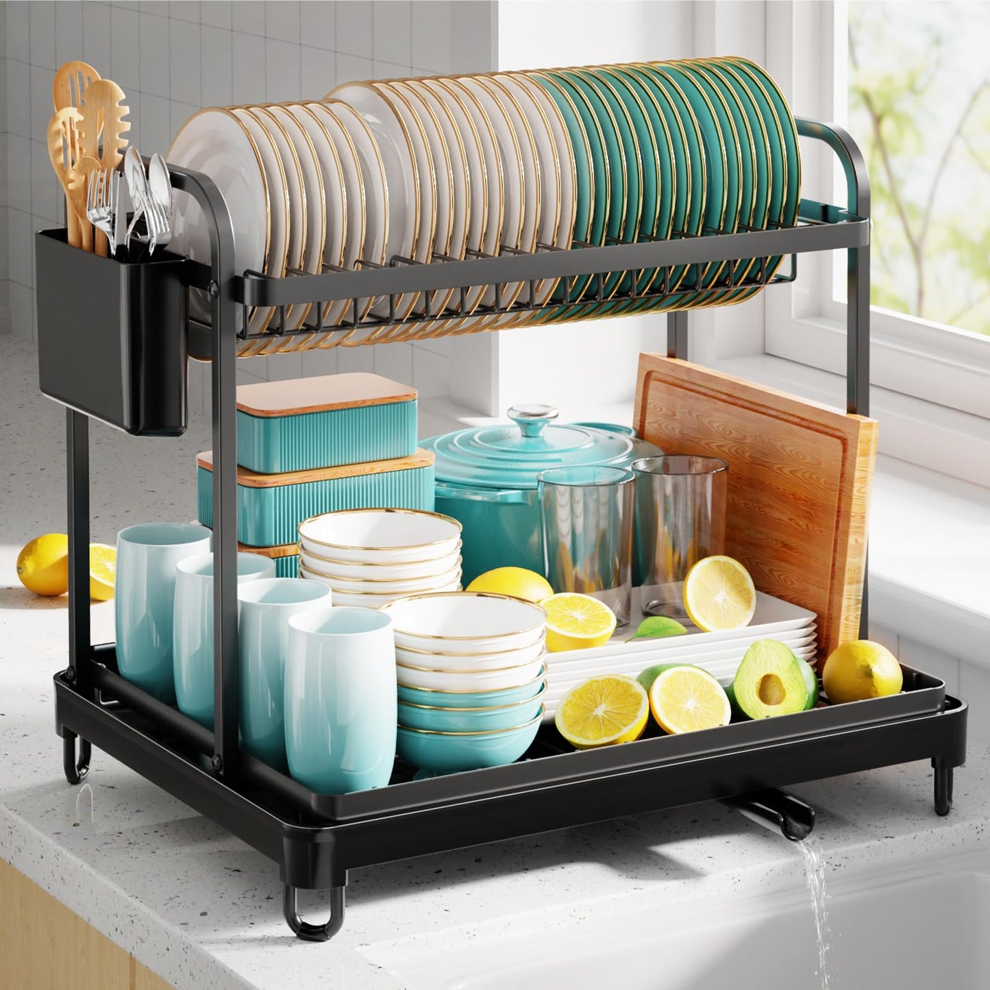 Sakugi Dish Drying Rack - Stainless Steel Dish Rack for Kitchen Counter, 2-Tier Kitchen Organizers and Storage Rack with Drainboard and Cutlery Holder, Large, Black