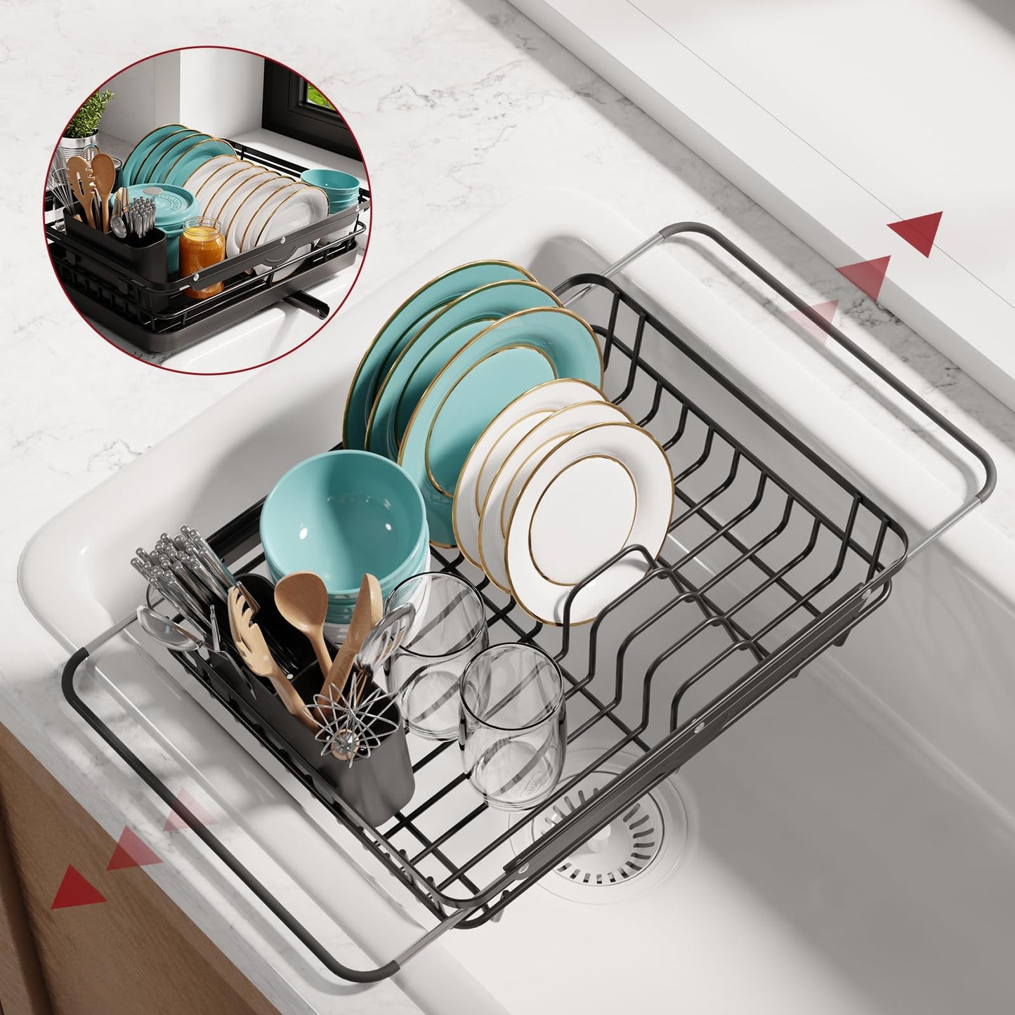 Sakugi Stainless Steel Dish Drying Rack for Kitchen Counter, Sink Organization and Storage Essentials with Silverware & Utensil Holder, Home and Apartment Decor