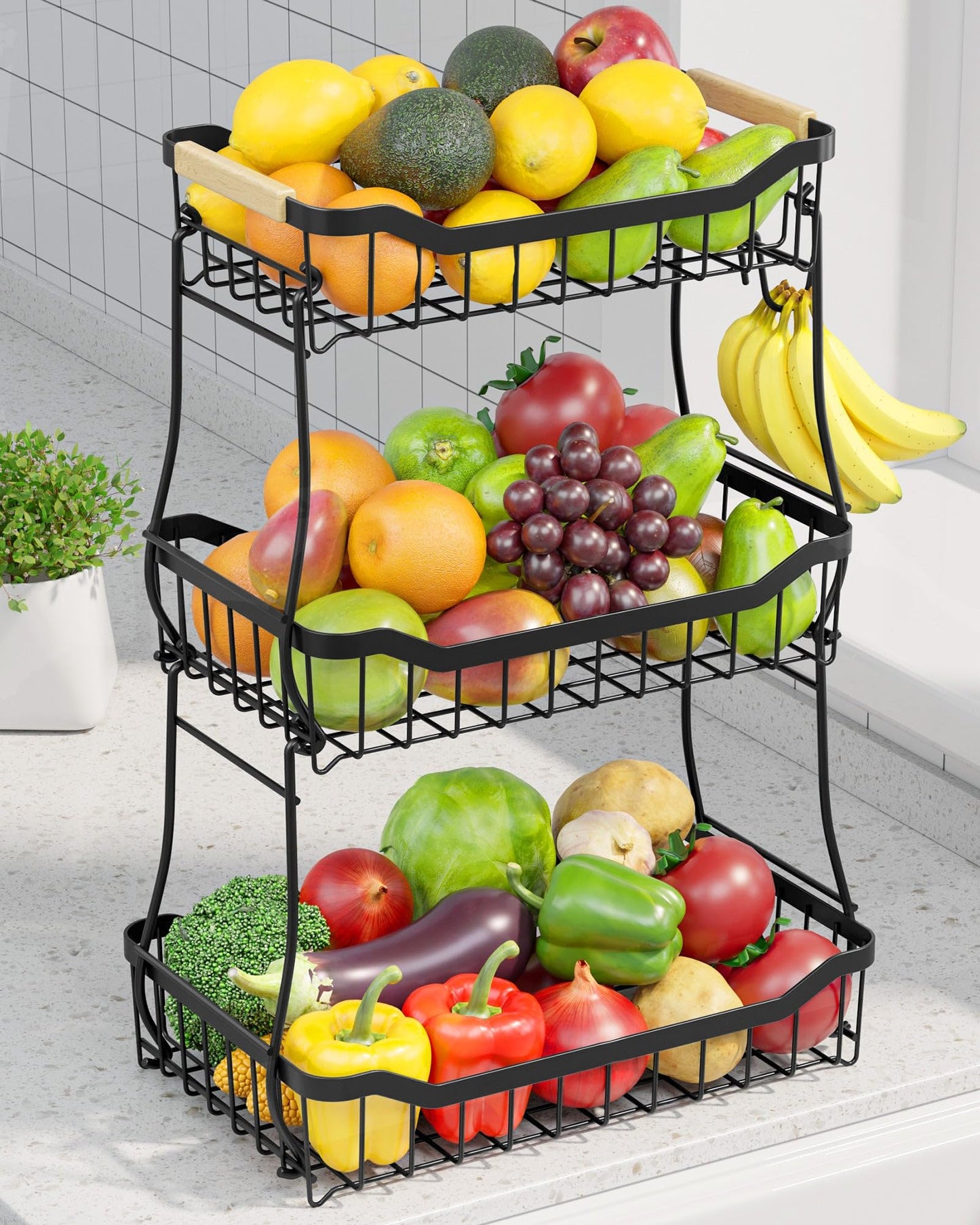 Sakugi Fruit Basket - 2 Tier Fruit Basket for Kitchen Counter, Detachable Fruit Vegetable Basket with Banana Hanger, Metal Countertop Fruit Stand with Wooden Handle
