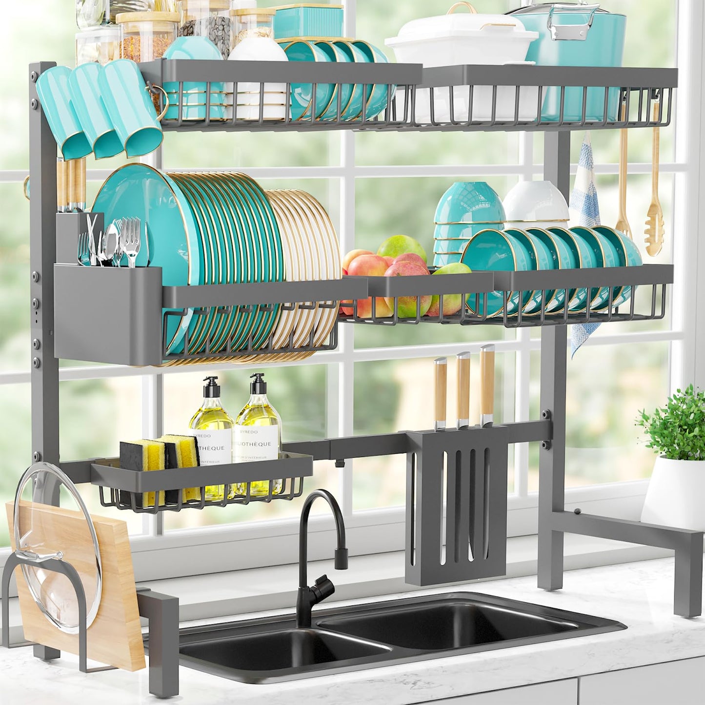 Sakugi Dish Drying Rack Over The Sink - Large Capacity Stainless Steel Dish Drainer, Multifunctional Kitchen Organizer, Black, 11" D x 30"~33.9''W x 21.5" H