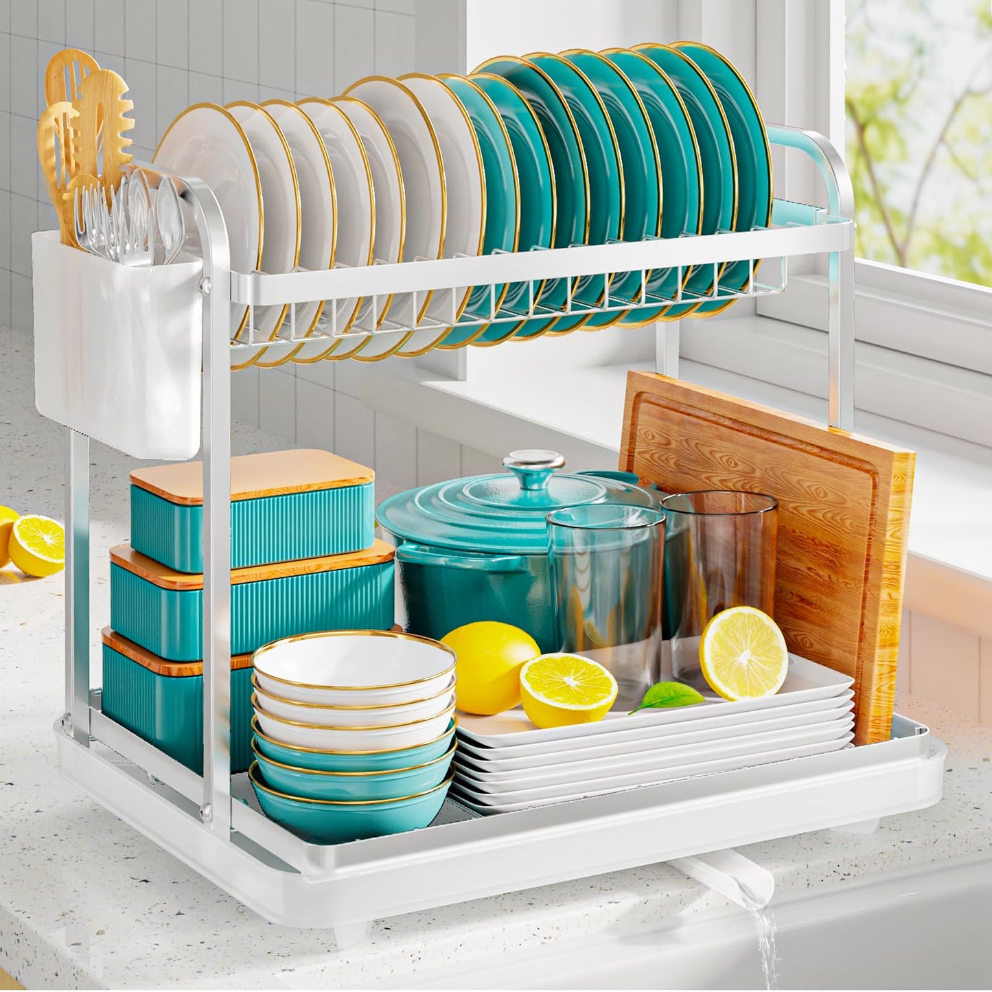 Sakugi Dish Drying Rack - Stainless Steel Dish Rack for Kitchen Counter, 2-Tier Kitchen Organizers and Storage Rack with Drainboard and Cutlery Holder, Large, Black