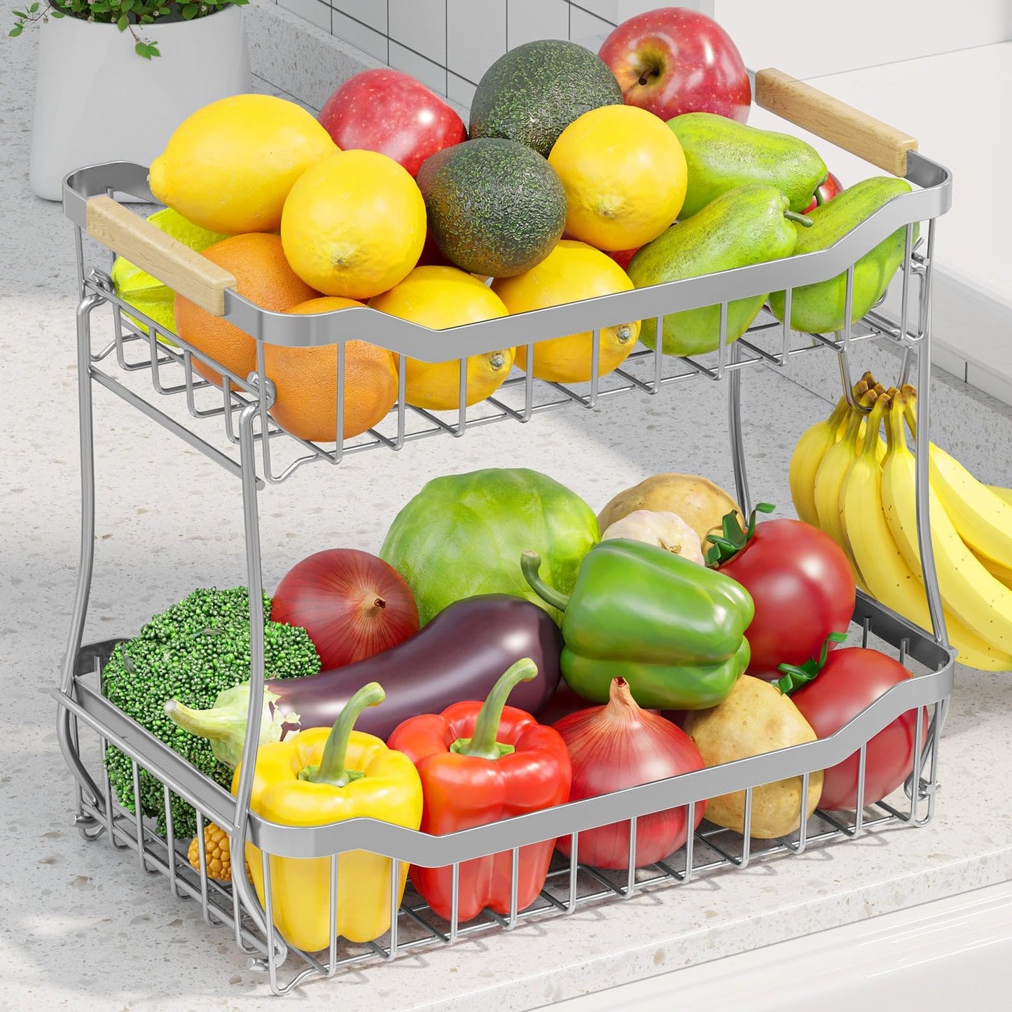 Sakugi Fruit Basket - 2 Tier Fruit Basket for Kitchen Counter, Detachable Fruit Vegetable Basket with Banana Hanger, Metal Countertop Fruit Stand with Wooden Handle