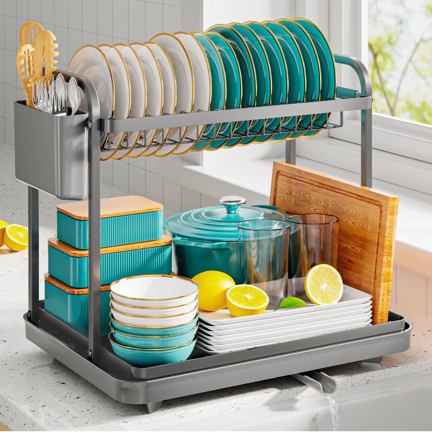Sakugi Dish Drying Rack - Stainless Steel Dish Rack for Kitchen Counter, 2-Tier Kitchen Organizers and Storage Rack with Drainboard and Cutlery Holder, Large, Black