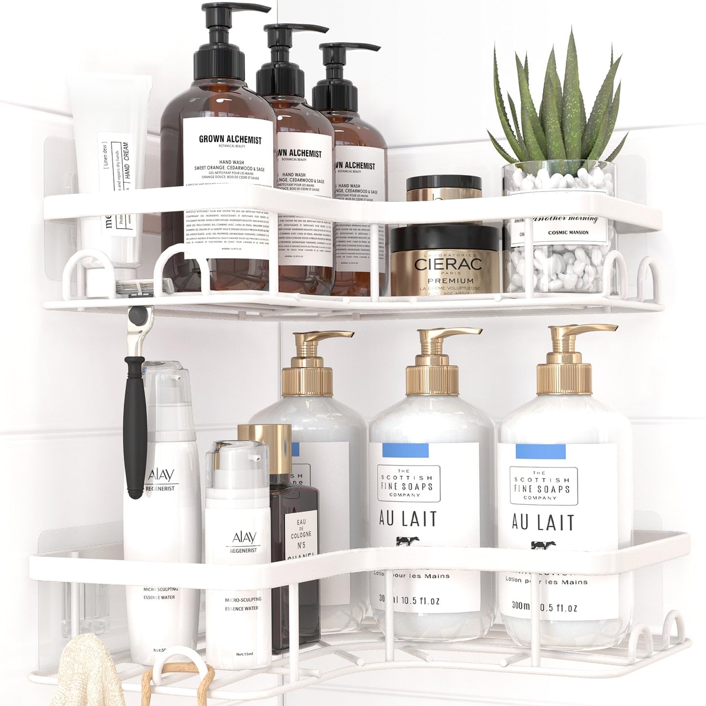 Sakugi Corner Shower Caddy - 2 Pack, Adhesive Shower Organizers, Rustproof Stainless Steel Shower Shelves with 8 Hooks, No Drilling Bathroom Organizers and Storage Racks, Space-Saving, Black,Medium