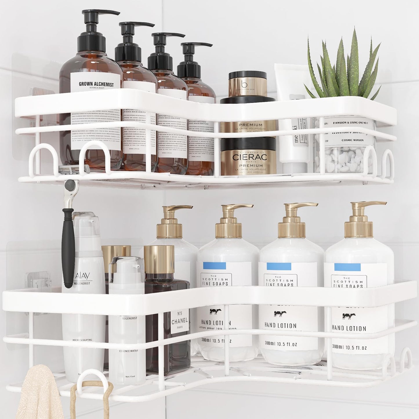 Sakugi Corner Shower Caddy - 2 Pack, Adhesive Shower Organizers, Rustproof Stainless Steel Shower Shelves with 8 Hooks, No Drilling Bathroom Organizers and Storage Racks, Space-Saving, Black,Medium
