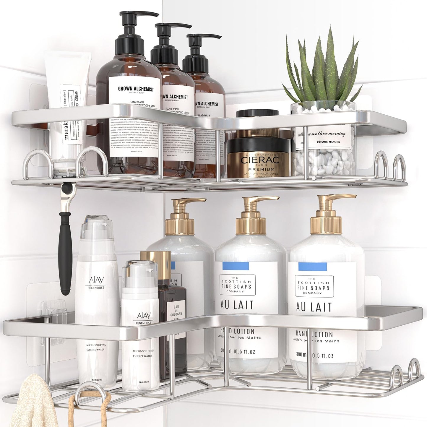 Sakugi Corner Shower Caddy - 2 Pack, Adhesive Shower Organizers, Rustproof Stainless Steel Shower Shelves with 8 Hooks, No Drilling Bathroom Organizers and Storage Racks, Space-Saving, Black,Medium