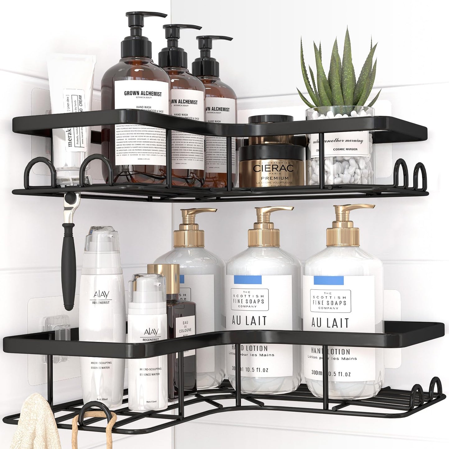 Sakugi Corner Shower Caddy - 2 Pack, Adhesive Shower Organizers, Rustproof Stainless Steel Shower Shelves with 8 Hooks, No Drilling Bathroom Organizers and Storage Racks, Space-Saving, Black,Medium