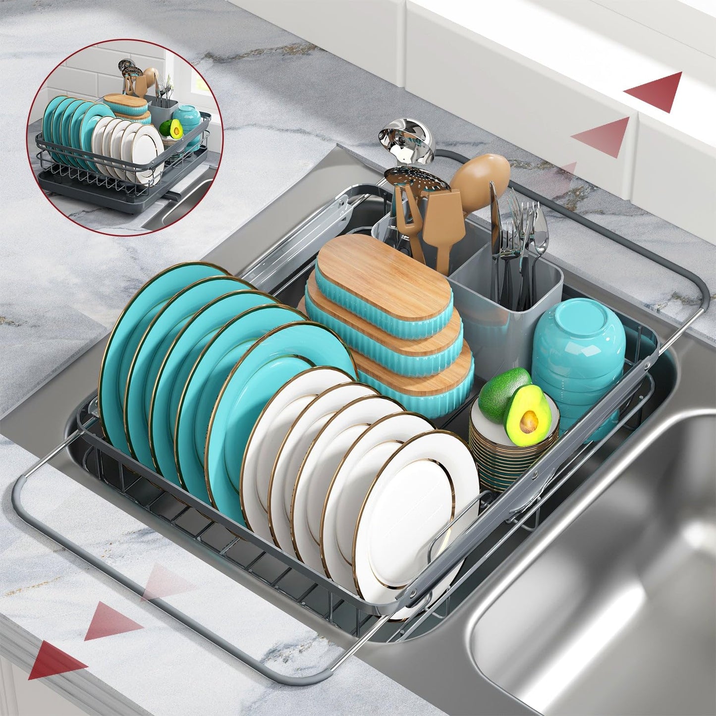 Sakugi Stainless Steel Dish Drying Rack for Kitchen Counter, Sink Organization and Storage Essentials with Silverware & Utensil Holder, Home and Apartment Decor