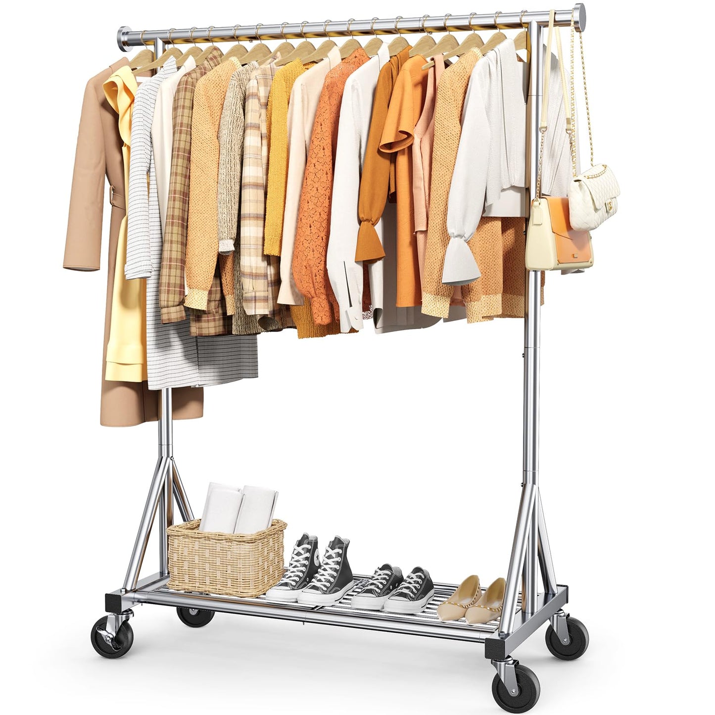Sakugi Heavy-Duty Clothes Rack, Stainless Steel Garment Stand with Mesh Shelf, Lockable Wheels & Anti-Slip Stoppers, Rolling Clothing Rack for Bedroom Storage, 42.5" x 16.5" x 65.9", Silver