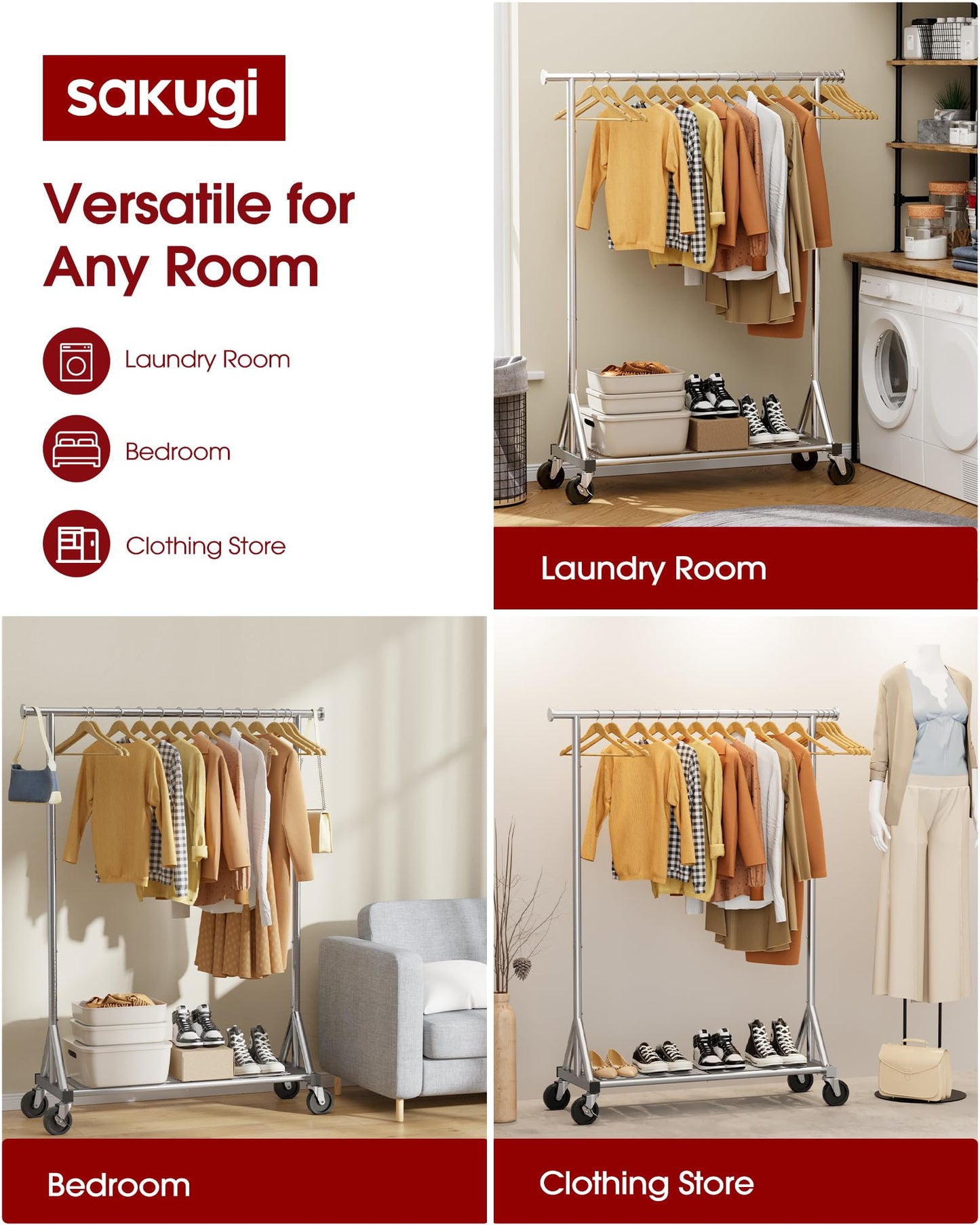 Sakugi Heavy-Duty Clothes Rack, Stainless Steel Garment Stand with Mesh Shelf, Lockable Wheels & Anti-Slip Stoppers, Rolling Clothing Rack for Bedroom Storage, 42.5" x 16.5" x 65.9", Silver