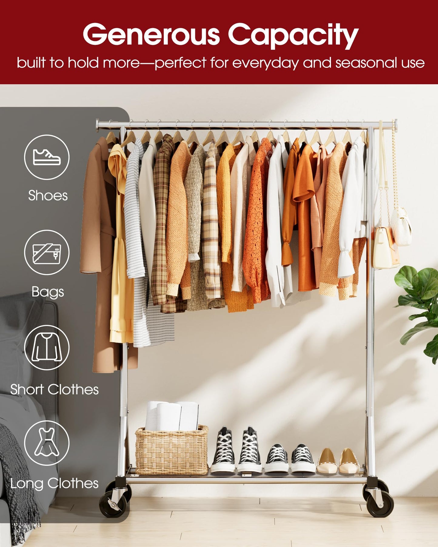 Sakugi Heavy-Duty Clothes Rack, Stainless Steel Garment Stand with Mesh Shelf, Lockable Wheels & Anti-Slip Stoppers, Rolling Clothing Rack for Bedroom Storage, 42.5" x 16.5" x 65.9", Silver