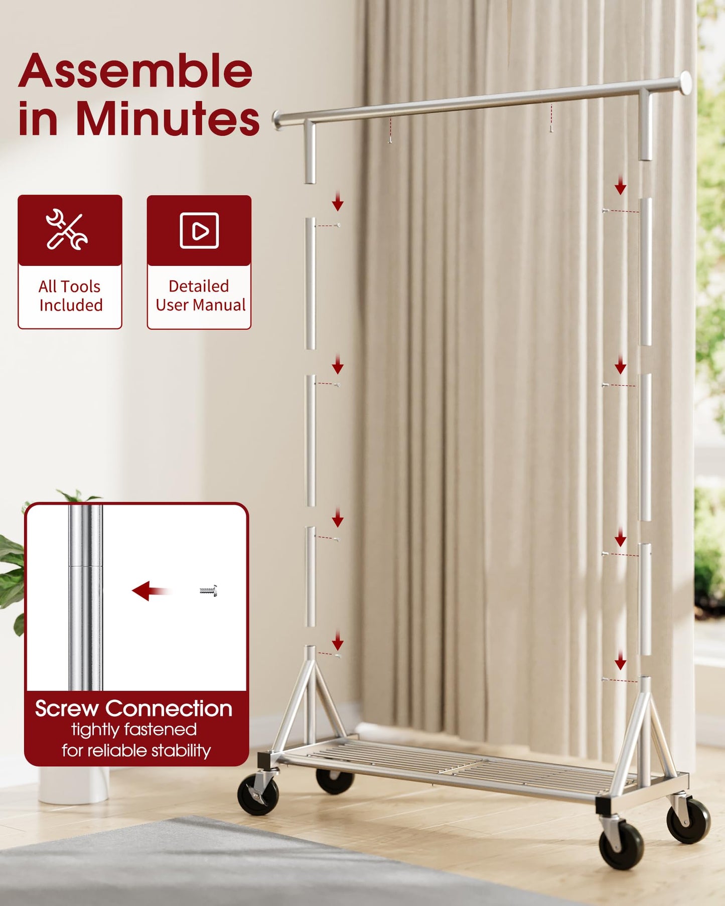 Sakugi Heavy-Duty Clothes Rack, Stainless Steel Garment Stand with Mesh Shelf, Lockable Wheels & Anti-Slip Stoppers, Rolling Clothing Rack for Bedroom Storage, 42.5" x 16.5" x 65.9", Silver