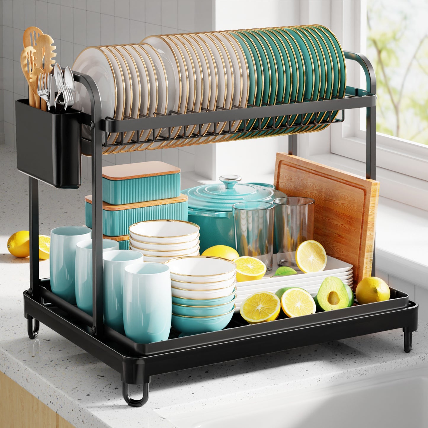 Sakugi Dish Drying Rack, 2-Tier Stainless Steel Dish Racks, Dish Drainer for Kitchen Counter, Black