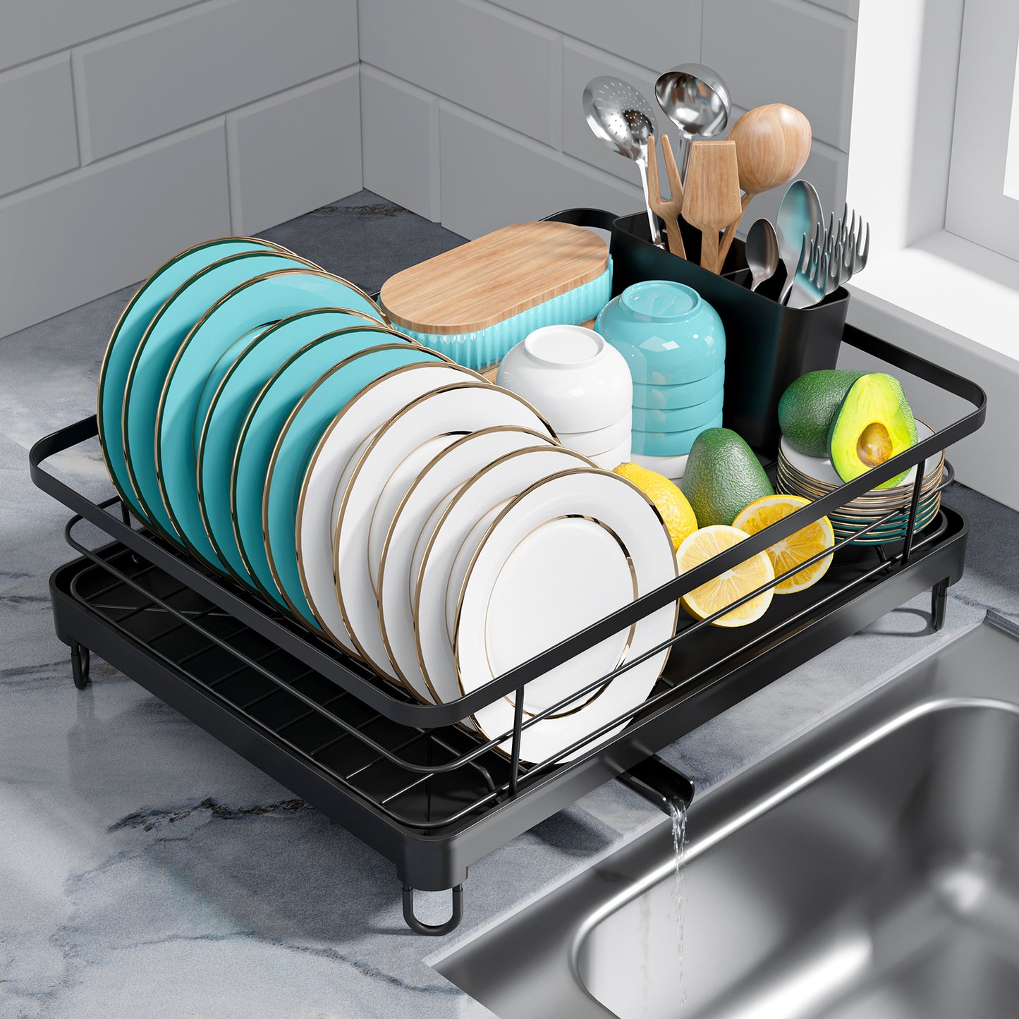 Sakugi Dish Drying Rack, Compact Dish Racks for Kitchen Counter, 15''L x 12''W x 5''H , Black