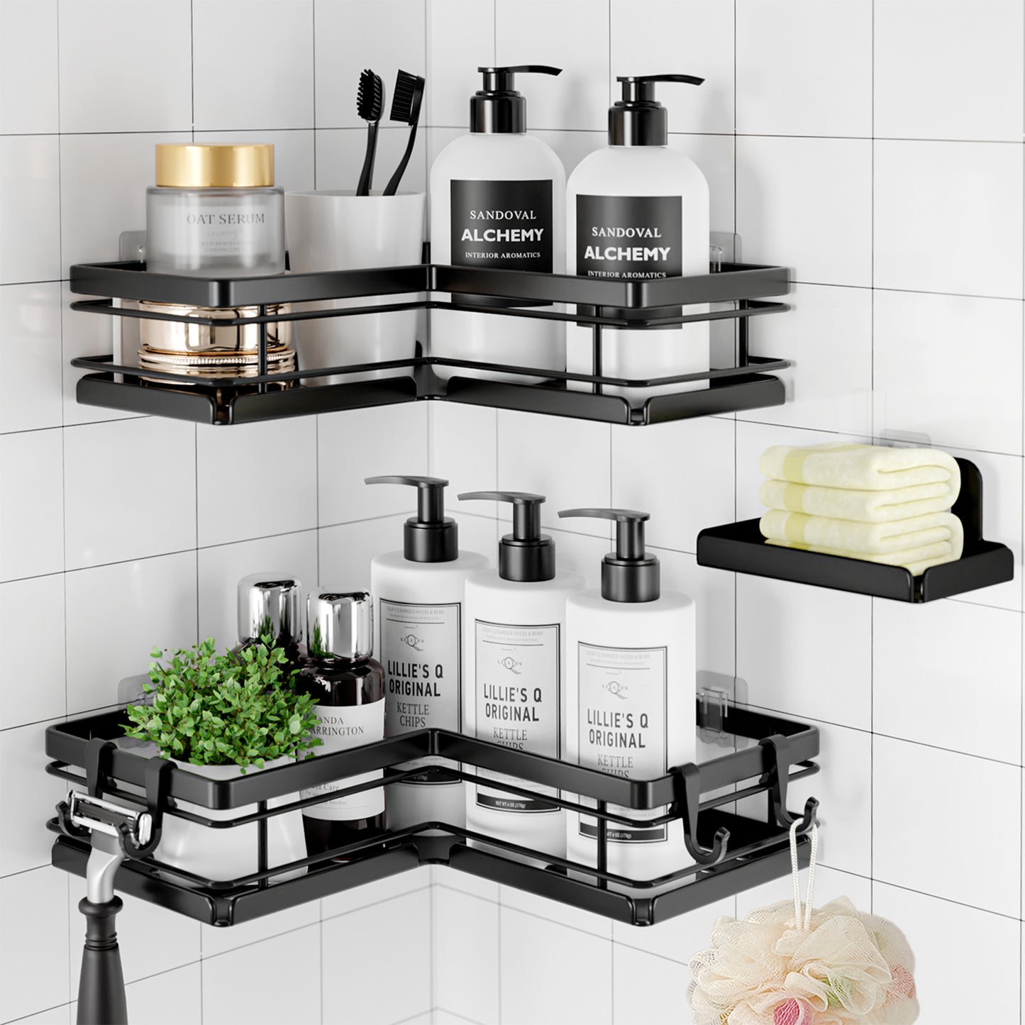 Sakugi Shower Caddy - 3 Piece Set, Corner Shower Shelves with Hooks & Soap Holder, Rustproof Adhesive Shower Caddy for Corner, No Drilling Shower Shelf for Inside Shower, Shower Organizer, Black