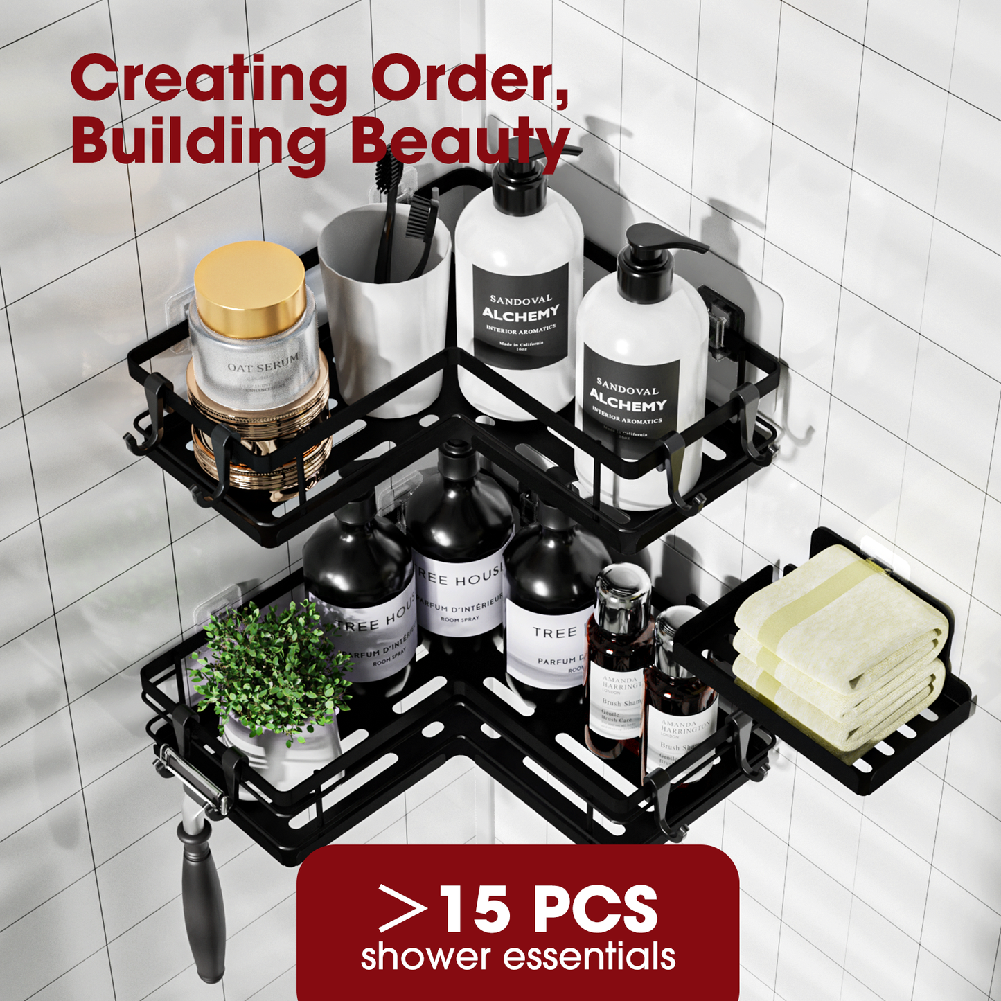 Sakugi Shower Caddy - 3 Piece Set, Corner Shower Shelves with Hooks & Soap Holder, Rustproof Adhesive Shower Caddy for Corner, No Drilling Shower Shelf for Inside Shower, Shower Organizer, Black