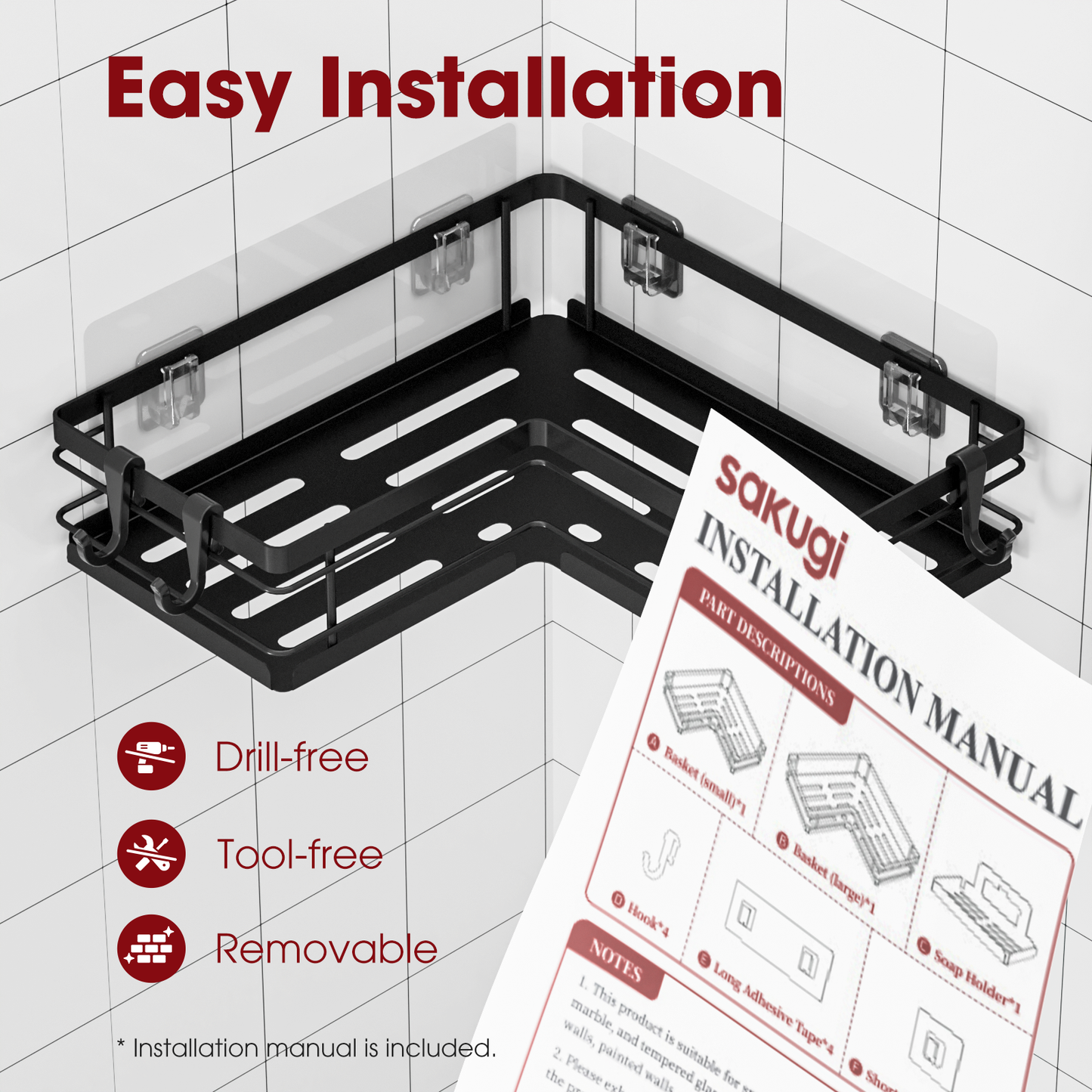 Sakugi Shower Caddy - 3 Piece Set, Corner Shower Shelves with Hooks & Soap Holder, Rustproof Adhesive Shower Caddy for Corner, No Drilling Shower Shelf for Inside Shower, Shower Organizer, Black