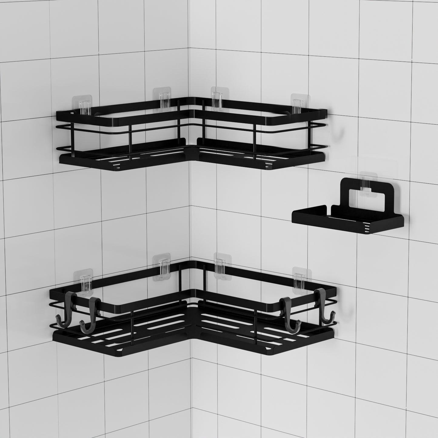 Sakugi Shower Caddy - 3 Piece Set, Corner Shower Shelves with Hooks & Soap Holder, Rustproof Adhesive Shower Caddy for Corner, No Drilling Shower Shelf for Inside Shower, Shower Organizer, Black