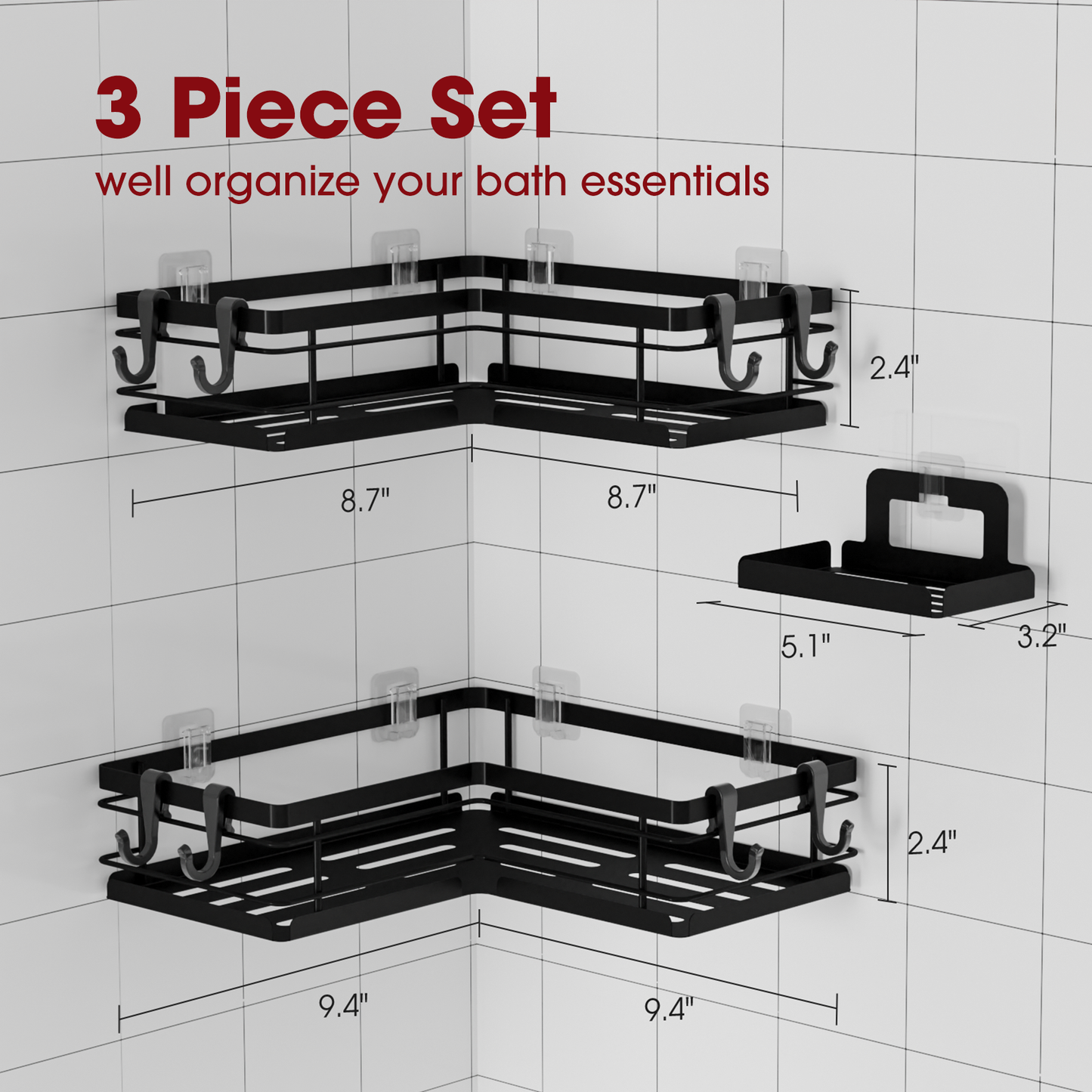Sakugi Shower Caddy - 3 Piece Set, Corner Shower Shelves with Hooks & Soap Holder, Rustproof Adhesive Shower Caddy for Corner, No Drilling Shower Shelf for Inside Shower, Shower Organizer, Black