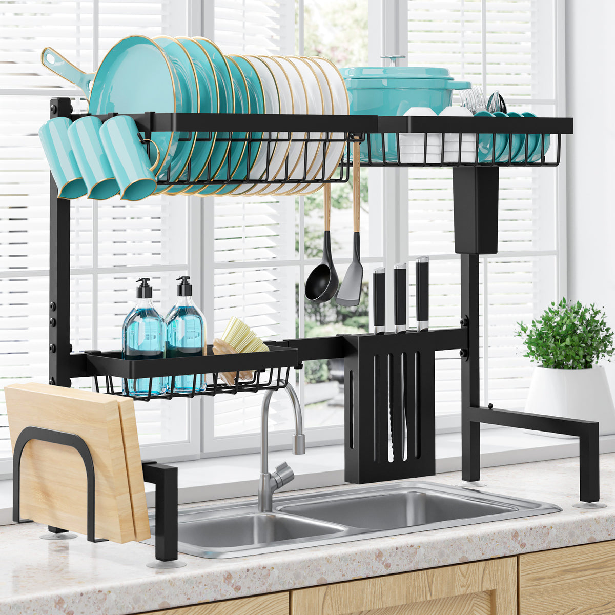 Sakugi Over The Sink Dish Drying Rack, 30" -33.9" L x 11" W x 21" H Expandable Dish Drainer, Stainless Steel Dish Rack, Black