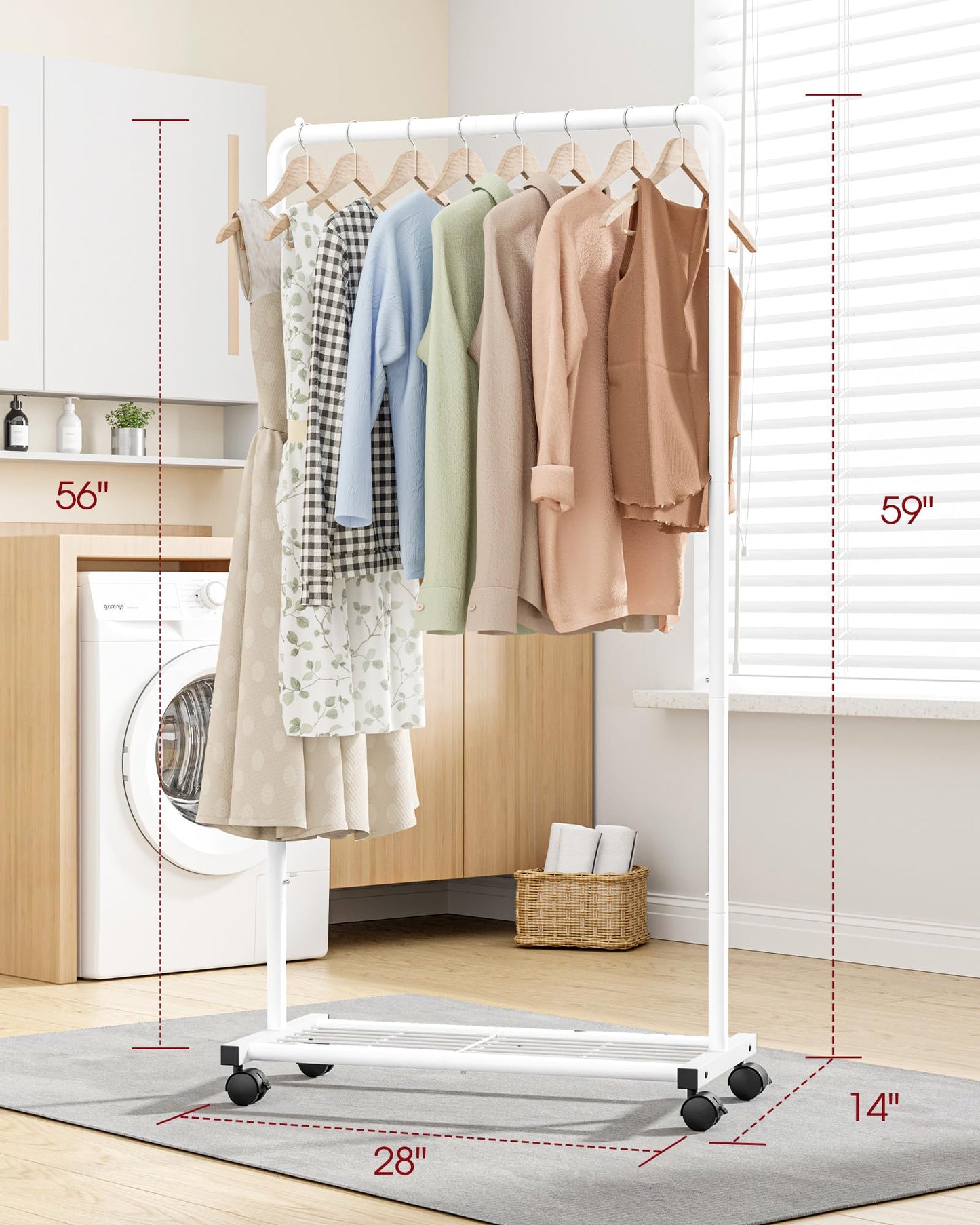 Sakugi Clothes Rack - Clothing Rack with Storage Mesh Shelf & Casters, Heavy-Duty Metal Clothing Rack for Hanging Clothes, Dresses, Coats, Large Load Capacity, Easy Assembly, Black, 28.0"x14.0"x59.0"